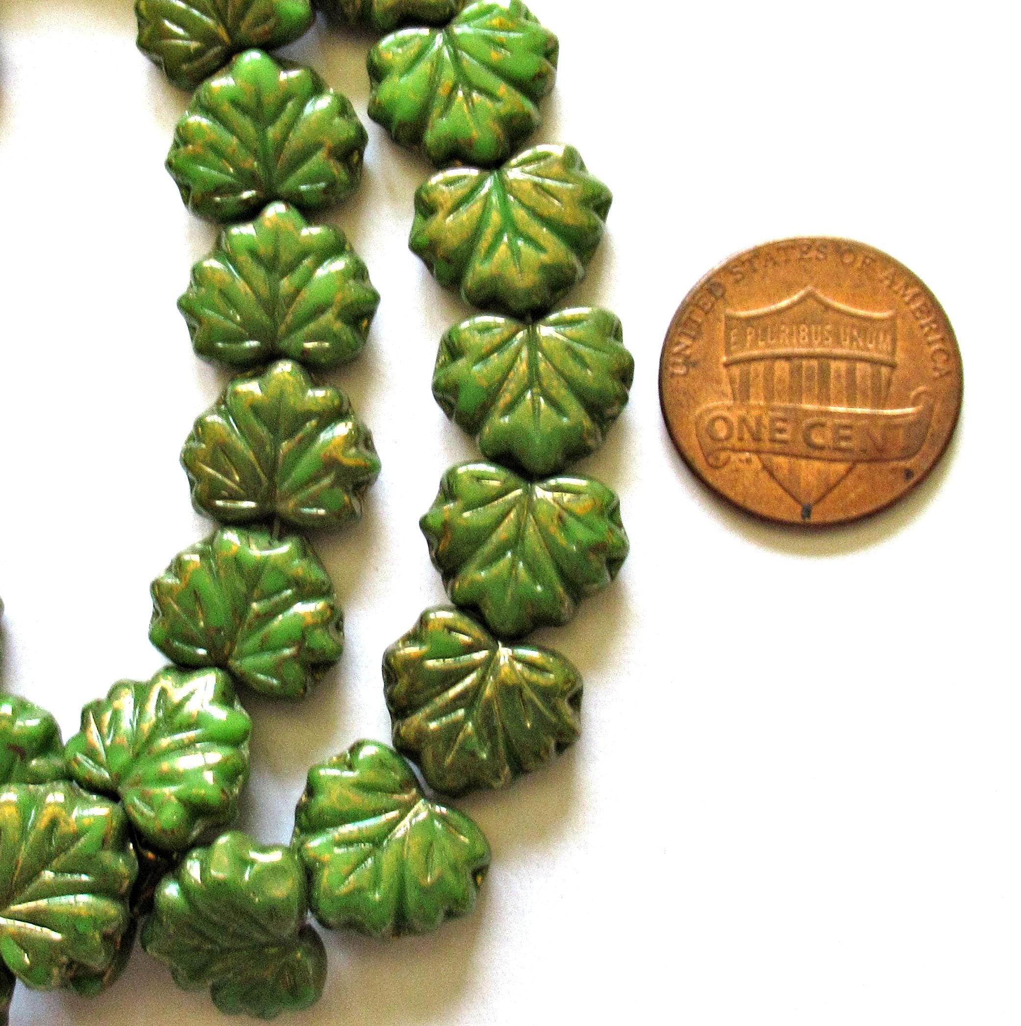 10 Czech glass maple leaf beads - opaque avocado green with a gold luster finish - 13 x 11mm - 00851