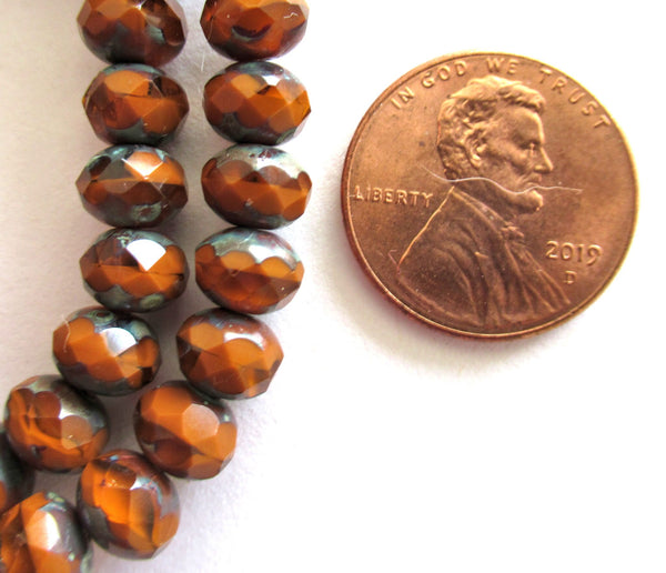 25 Czech glass faceted puffy rondelle beads - 5 x 7mm transparent & opaque rust orange brown mix picasso faceted rondelles C00031