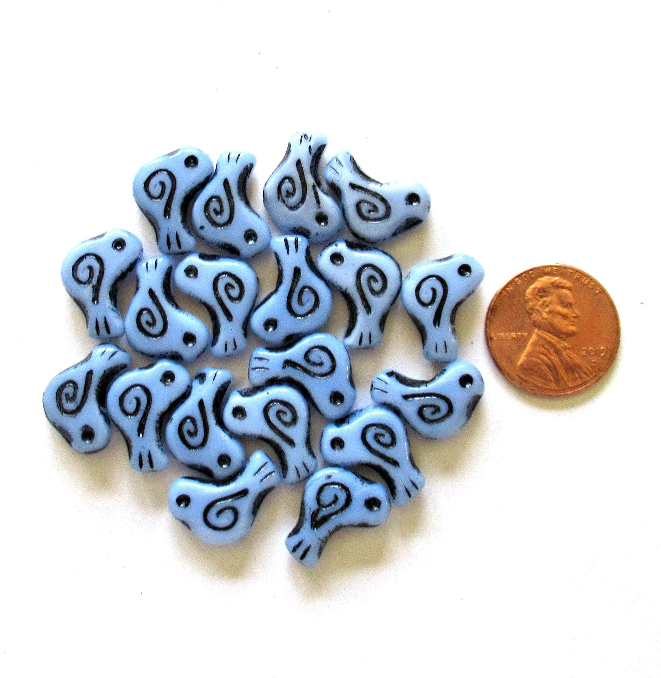 8 Czech glass bird beads - 12 x 16mm - opaque light blue with a black wash - C0621