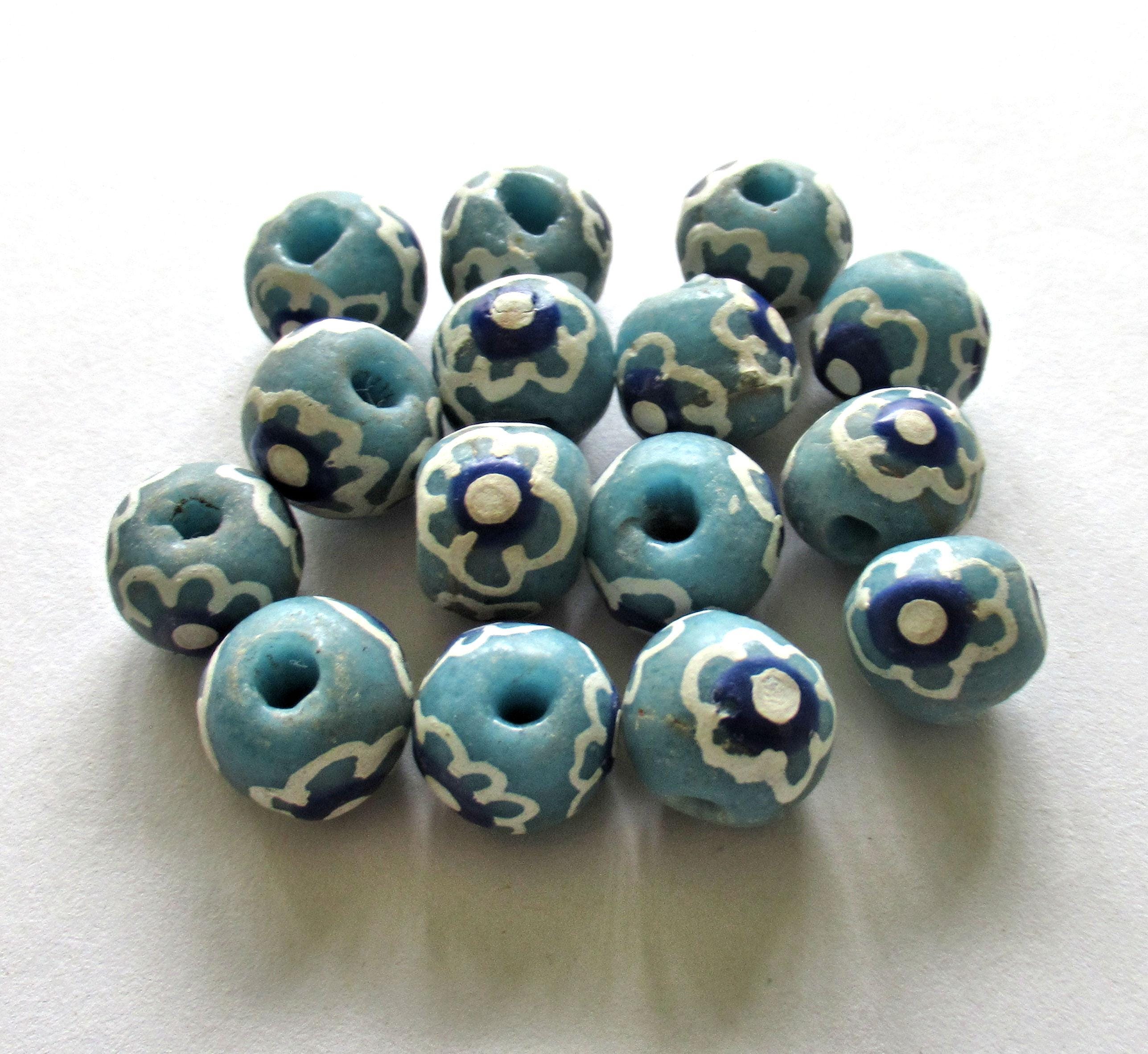 African Ghana Krobo glass donut or rondelle beads - blue & white flower beads - 11.5 to 12mm - big hole rustic beads - 8 beads - C00031