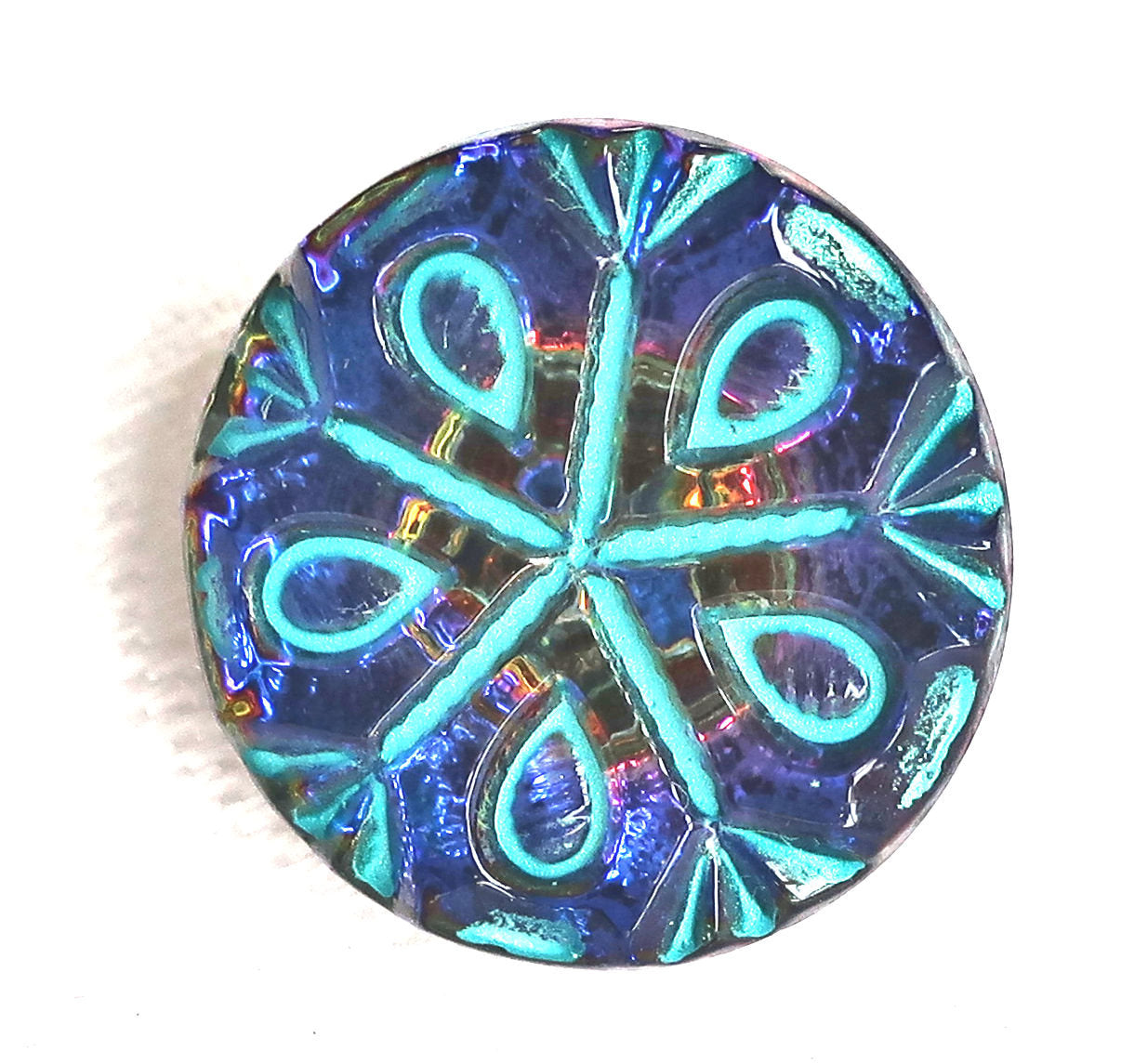 One 18mm Czech glass button, purple & blue iridescent snowflake with a turquoise wash, decorative shank button 53201