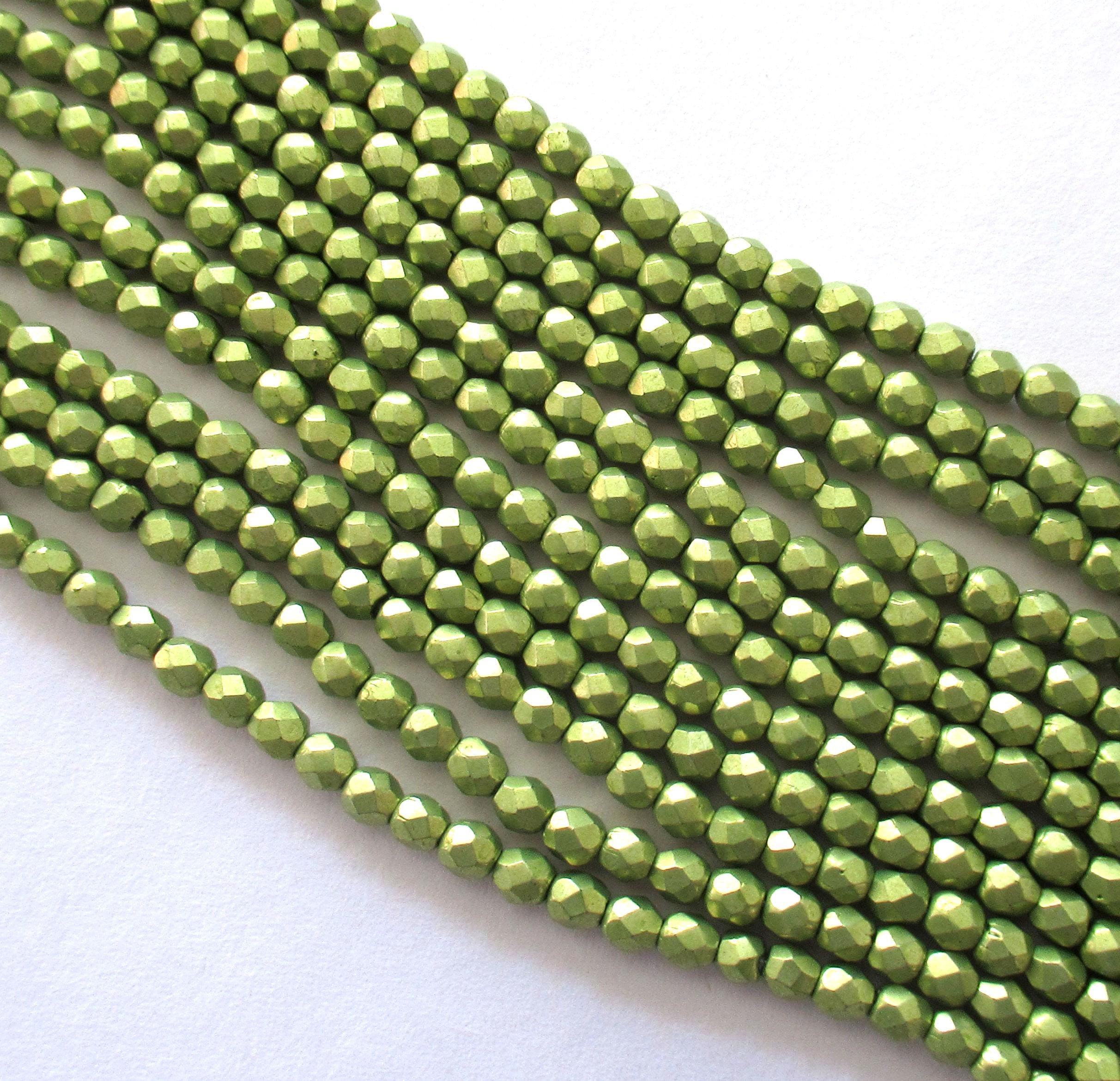 50 3mm Czech glass beads - bright lime green saturated metallic fire polished faceted round beads - C0024