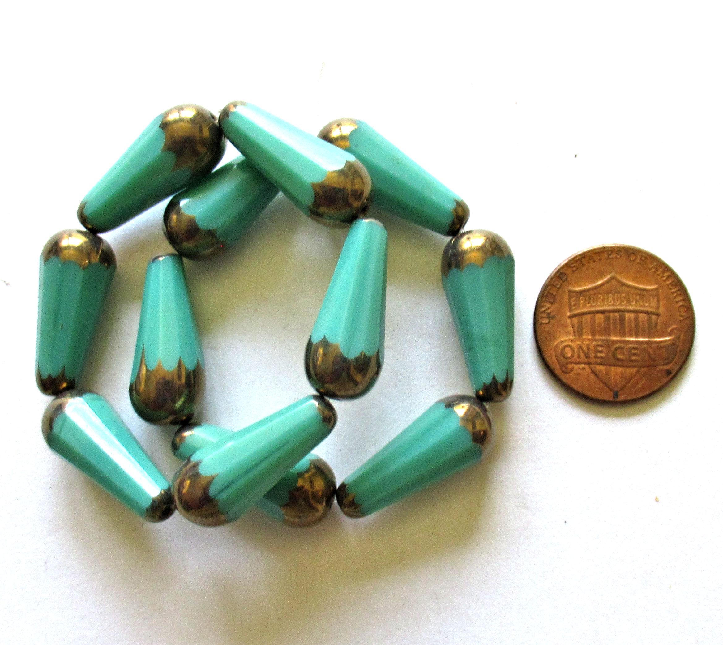 Six Czech glass long faceted teardrop beads - opaque turquoise green w/ gold picasso accents - 9 x 20mm - elongated tear drops - 00672