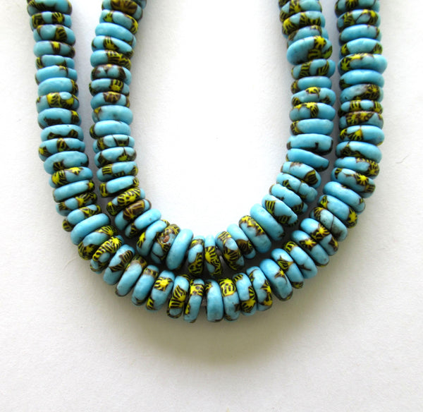 15 African recycled glass rondelle spacer beads - blue yellow & black beads - 10 to 11mm by 3.5mm thick - big hole - rustic beads - 00521
