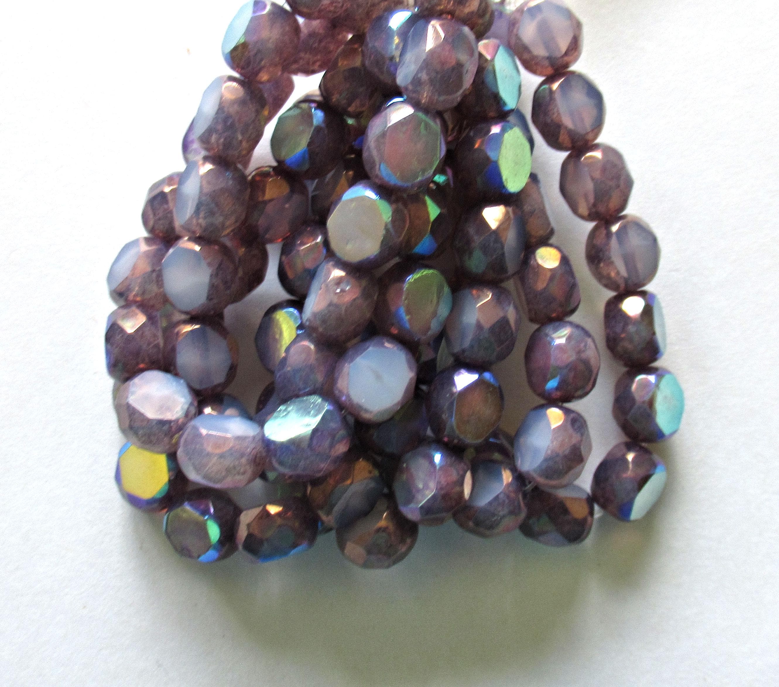 Dual faceted Czech glass beads - 8mm - translucent lavender AB w/ bronze accents - 2 cut table cut - thick window beads - 10 pcs - 00081