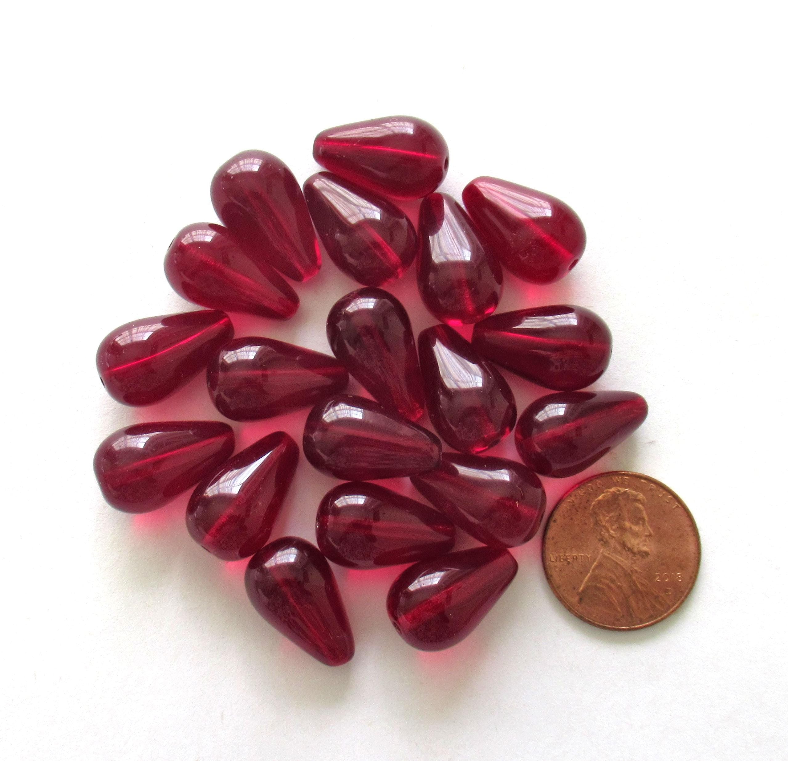 Ten large Czech glass teardrop beads - 11 x 18mm light garnet red pressed glass drops C0046