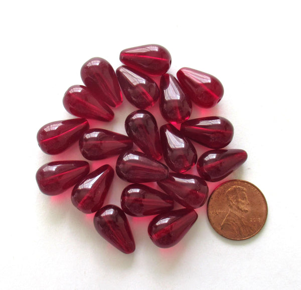 Ten large Czech glass teardrop beads - 11 x 18mm light garnet red pressed glass drops C0046