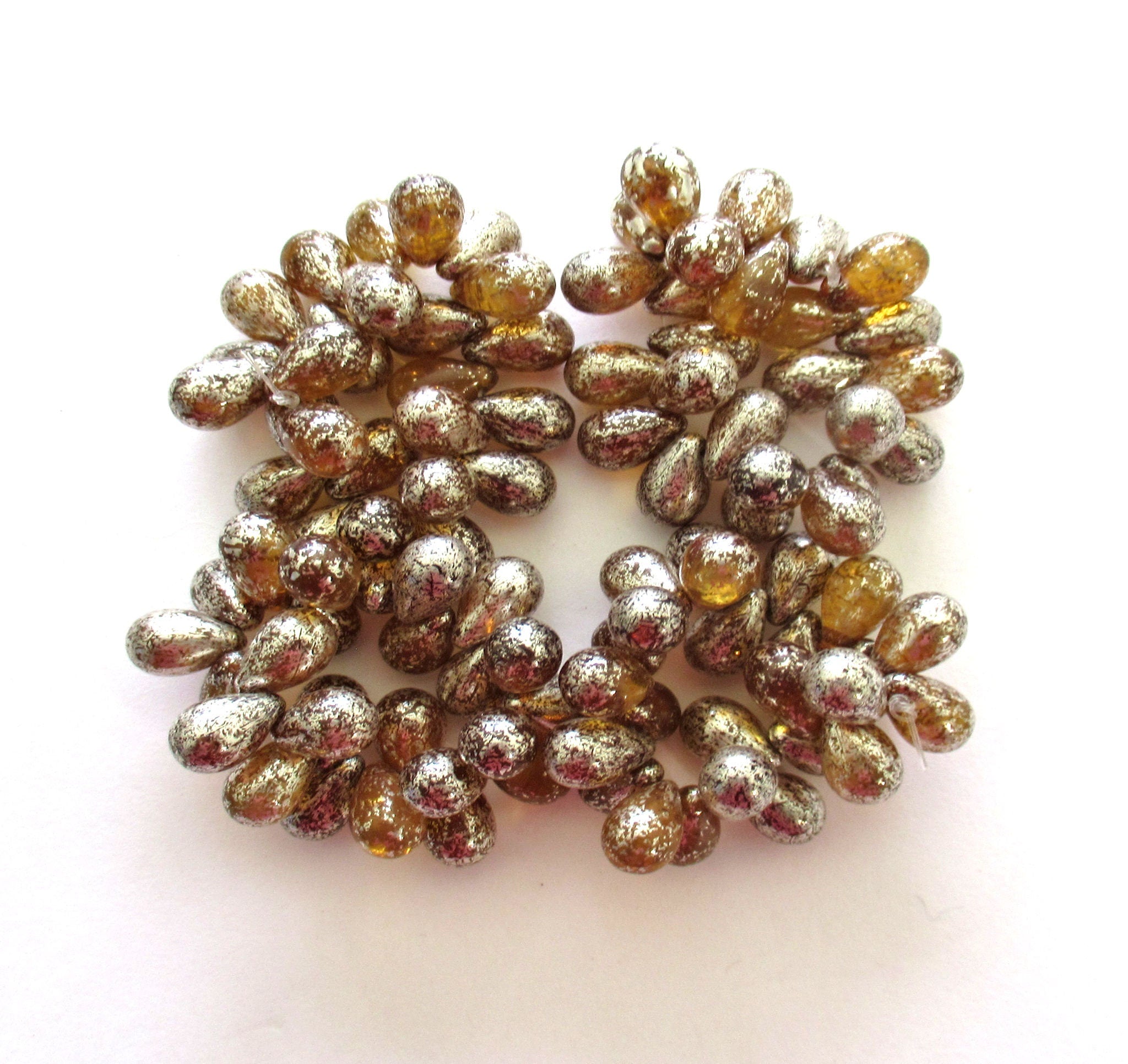 Lot of 25 Czech glass drop beads - transparent topaz with a splotchy antique silver finish - smooth teardrop beads - 9 x 6mm 0028