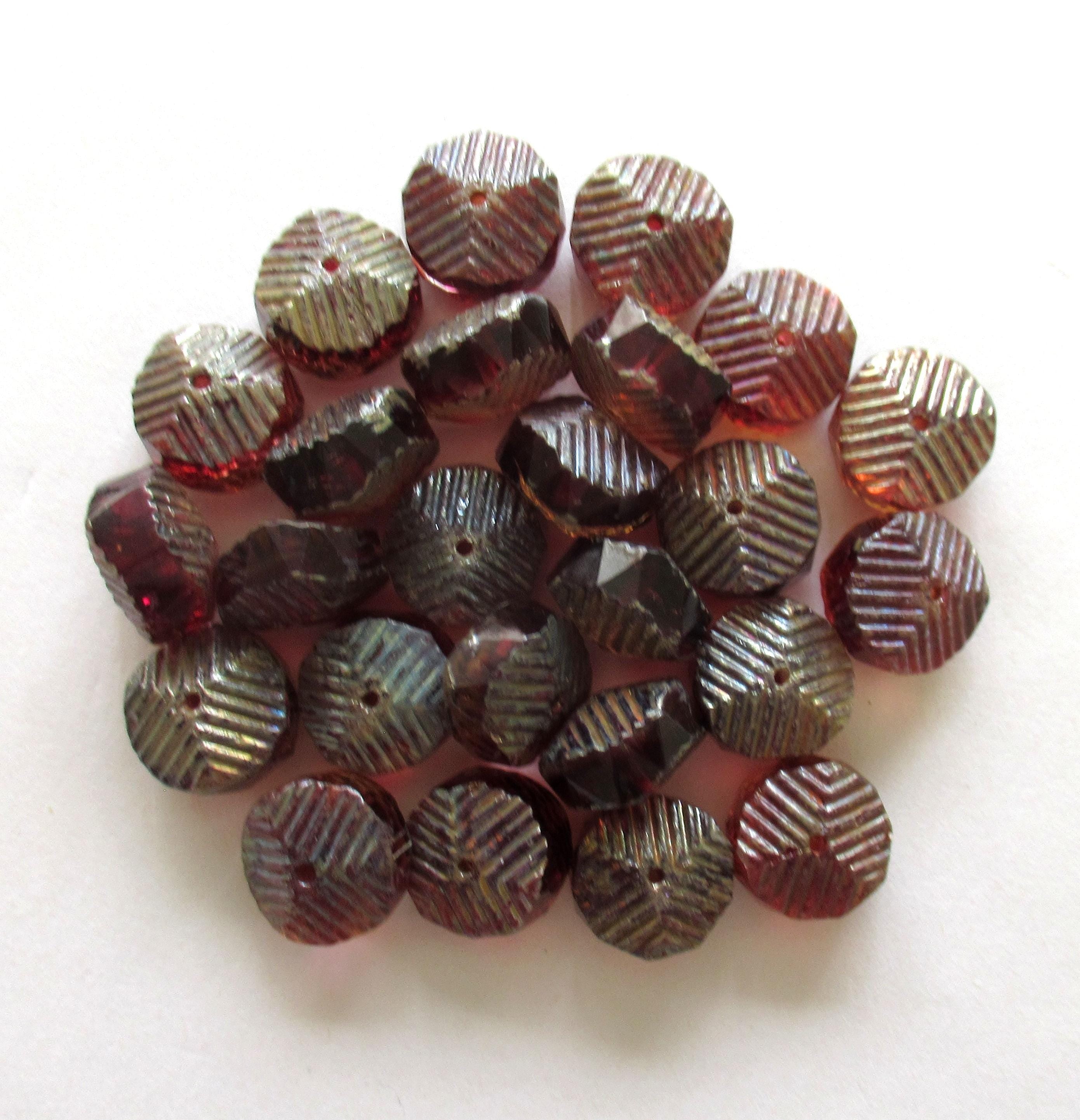 6 Czech glass faceted wavy rondelle beads - large 14 x 6mm deep raspberry pink & crystal chunky statement or focal beads - C00991