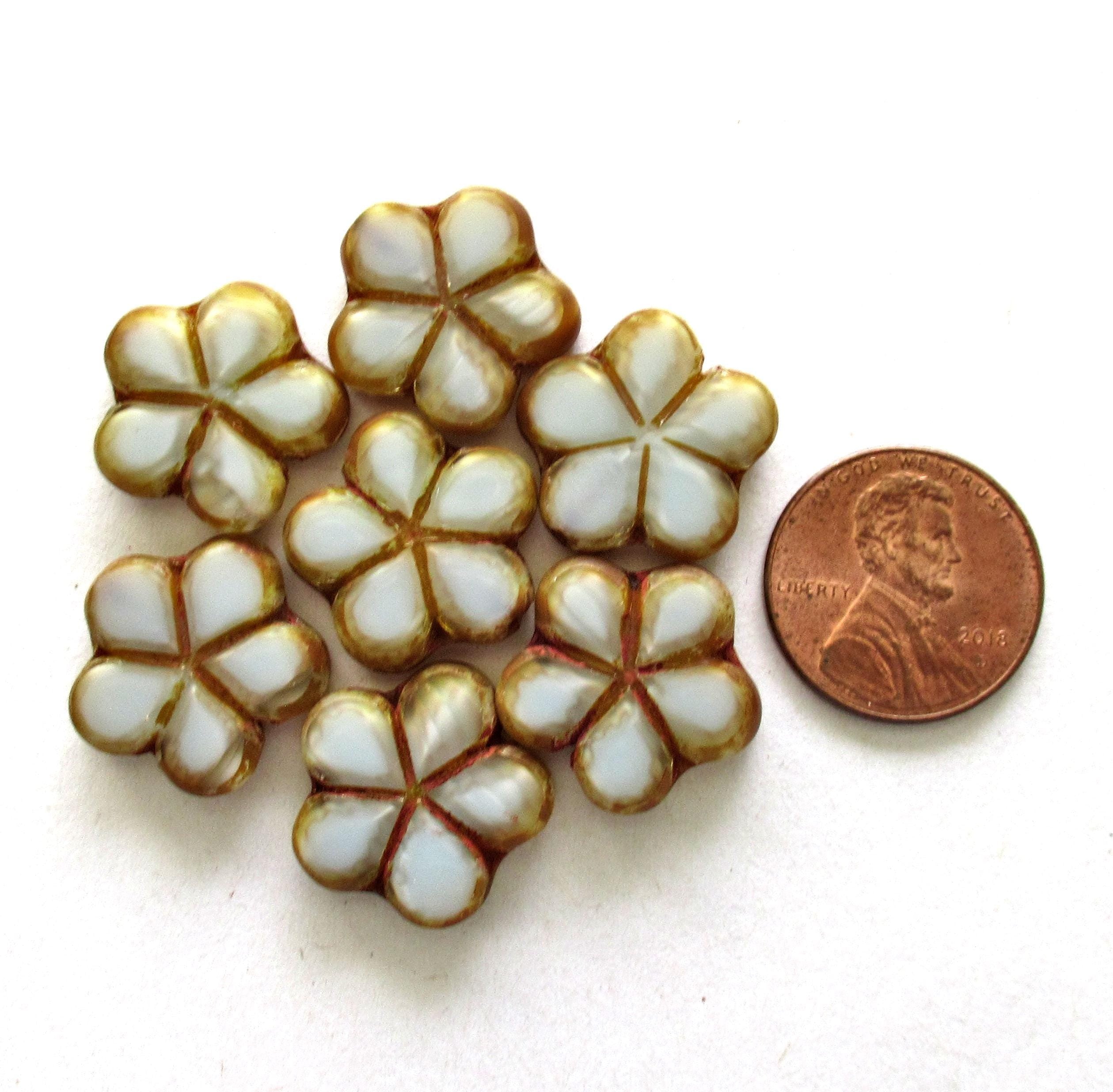 Six Czech glass flower beads - opaque light gray with brown picasso accents - 17mm - table cut carved beads - C00971