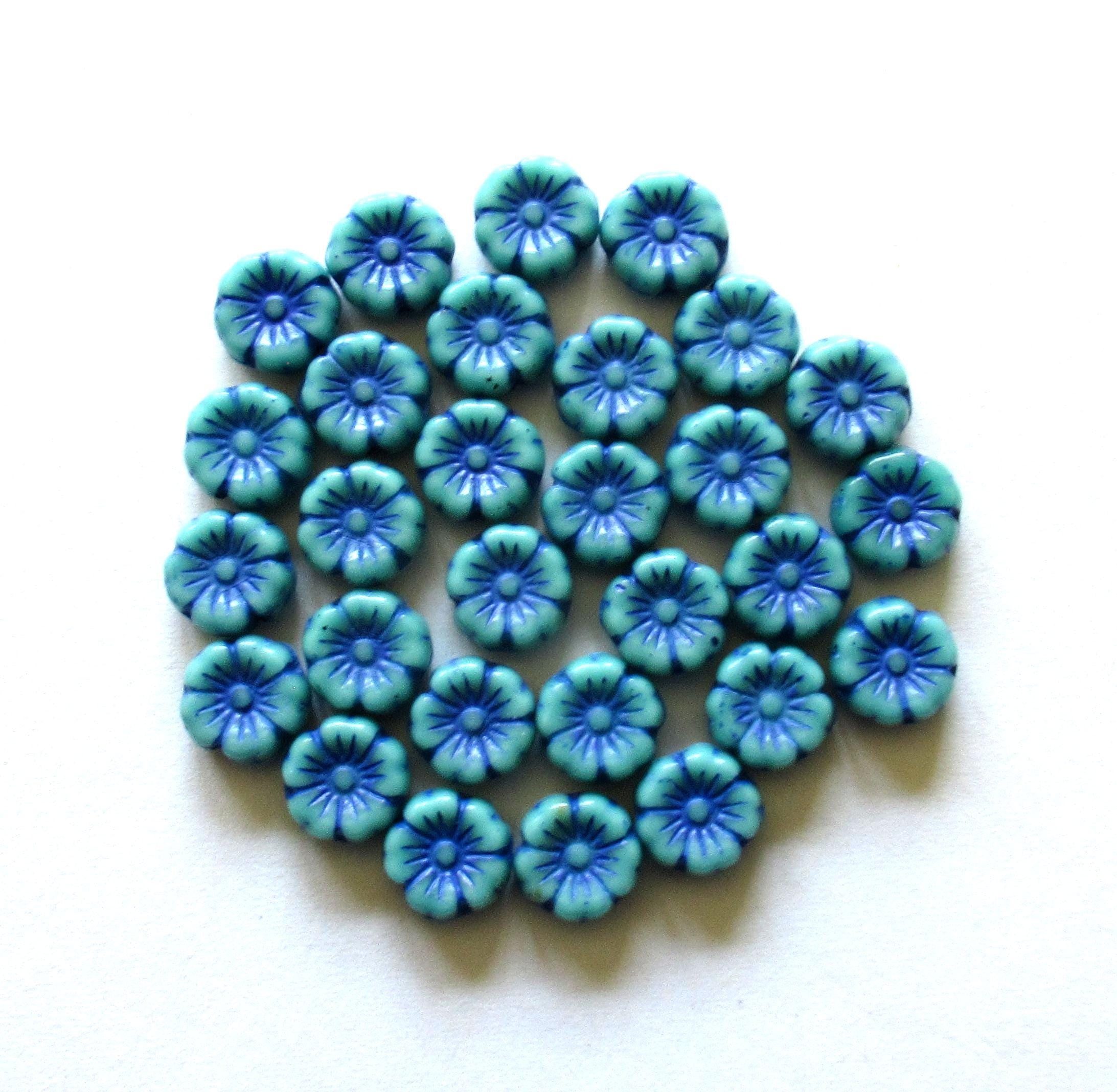 15 Czech glass flower beads - 8mm - turquoise blue with a royal blue wash - pressed floral beads - C0601