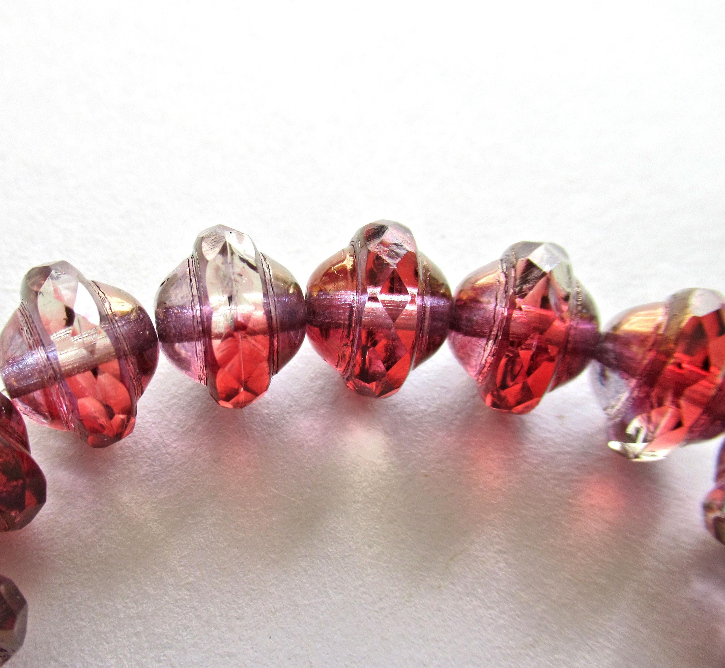 Pink Czech glass saturn beads - 8 x 10mm - marbled fuchsia pink & crystal w/ bronze accents - faceted saucer beads - 15 pcs - C00062