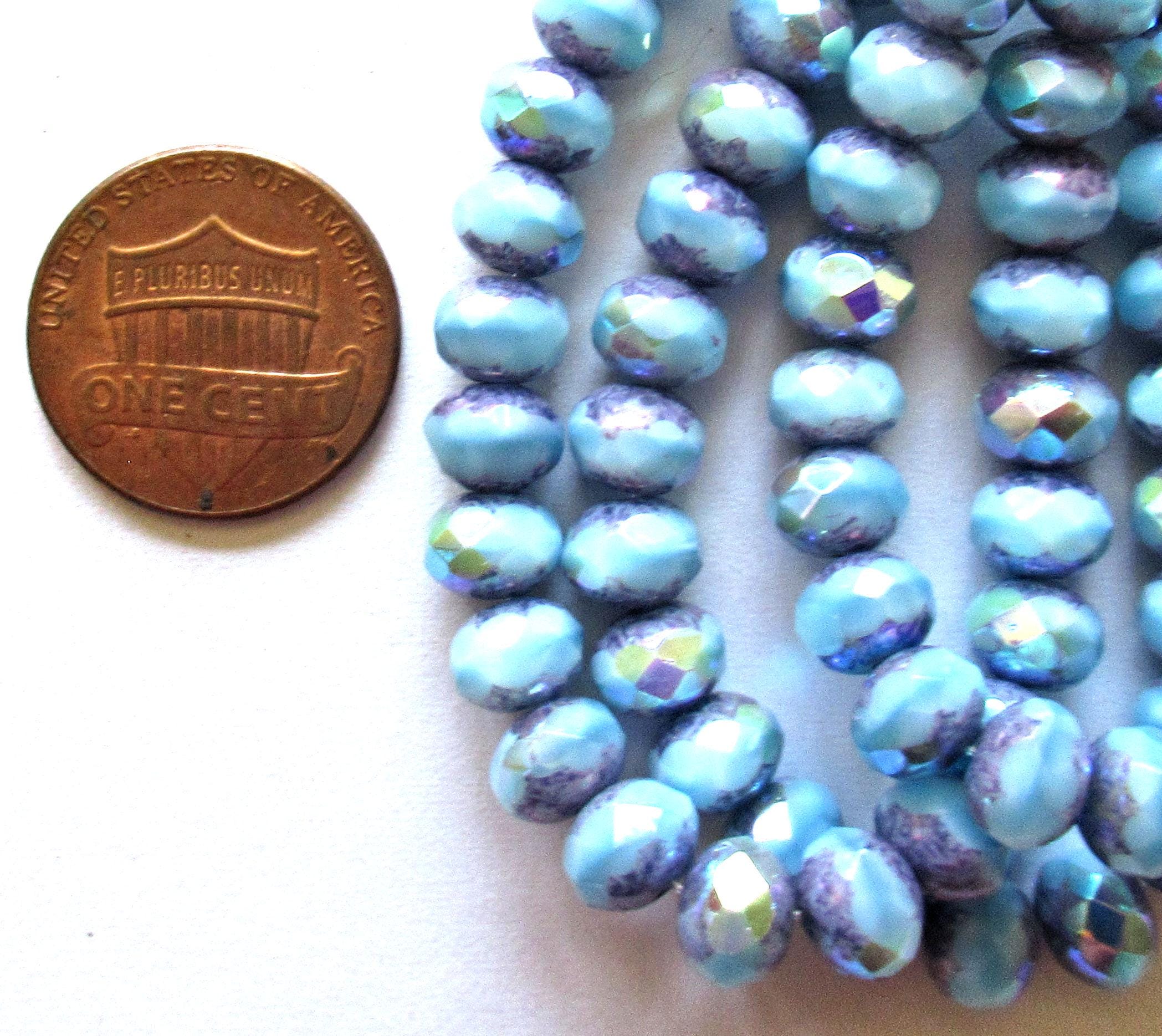 25 Czech glass puffy rondelle beads - 7 x 5mm - baby blue AB w/ purple picasso accents - C00522
