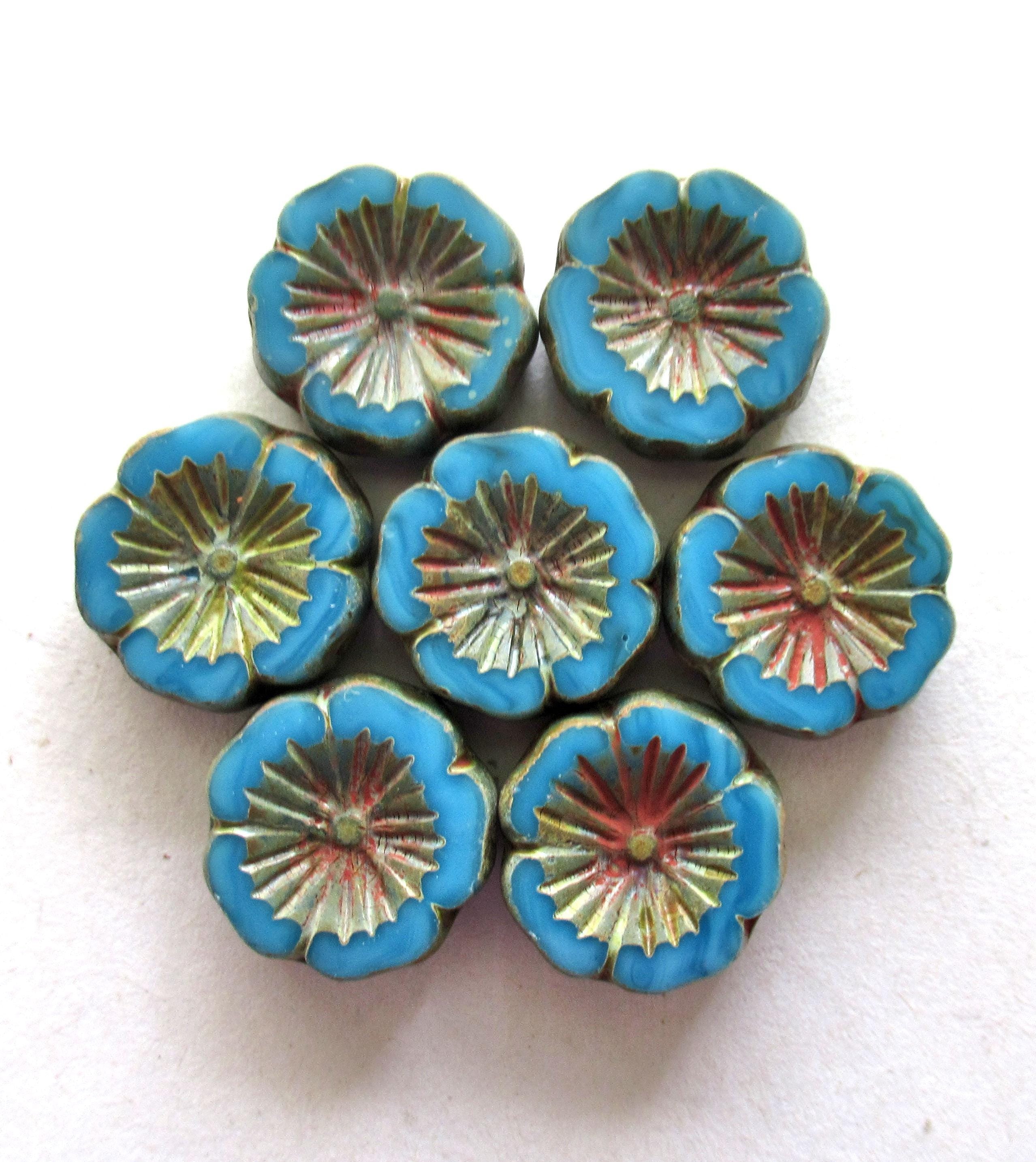Six 14mm Czech glass flower beads - opaque bright blue Hawaiian hibiscus flower beads with a picasso finish- table cut carved beads - C00241