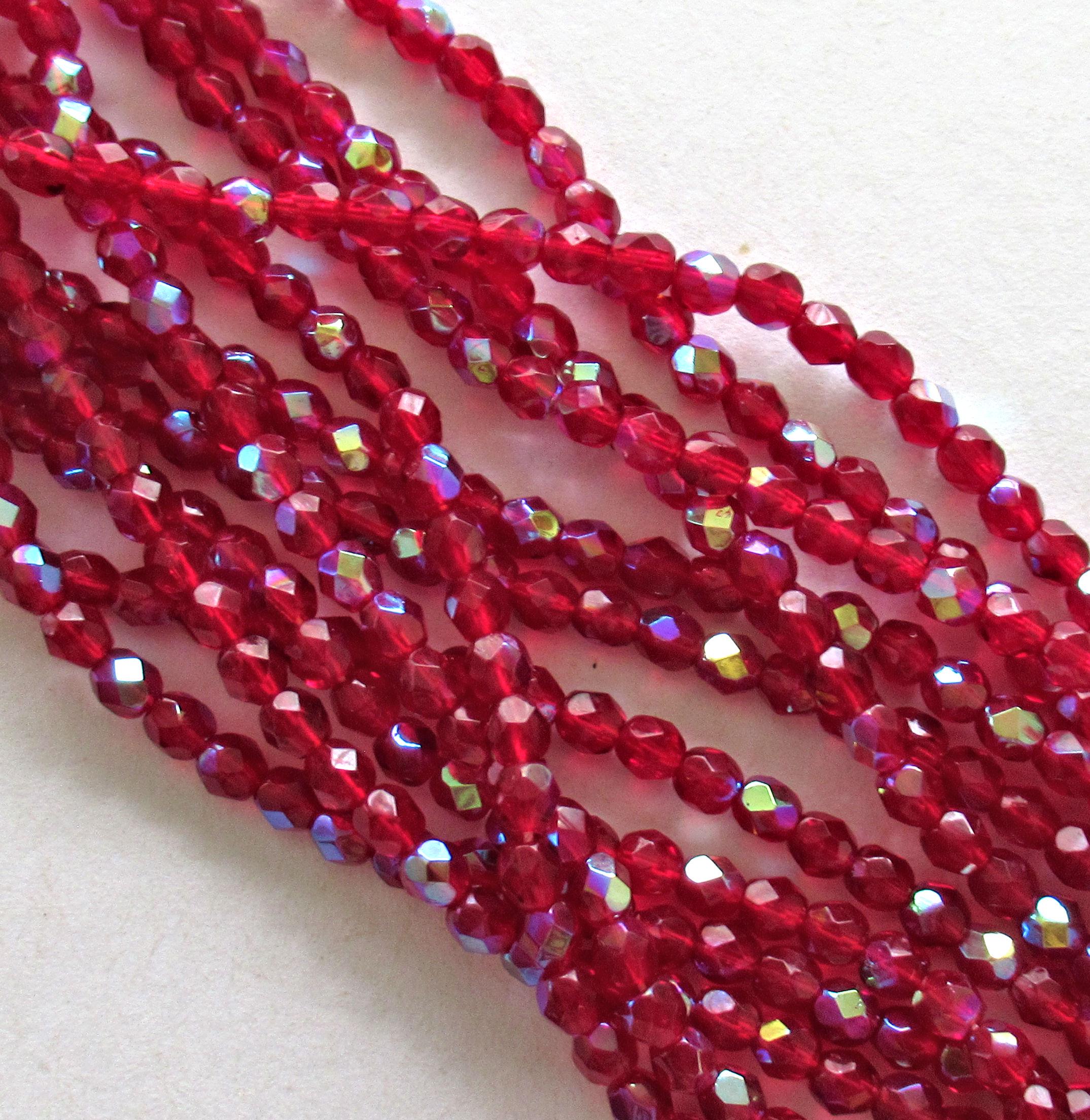 50 4mm Czech glass faceted beads - Ruby Red or Light Garnet AB - fire polished round beads - C0065