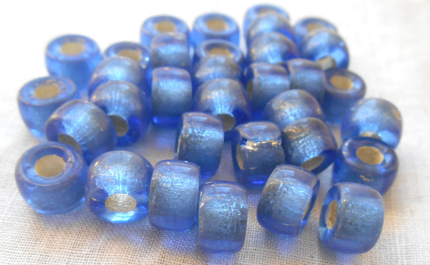 25 9mm Czech Sapphire Blue Silver Lined glass pony roller beads, large hole crow beads, C0087