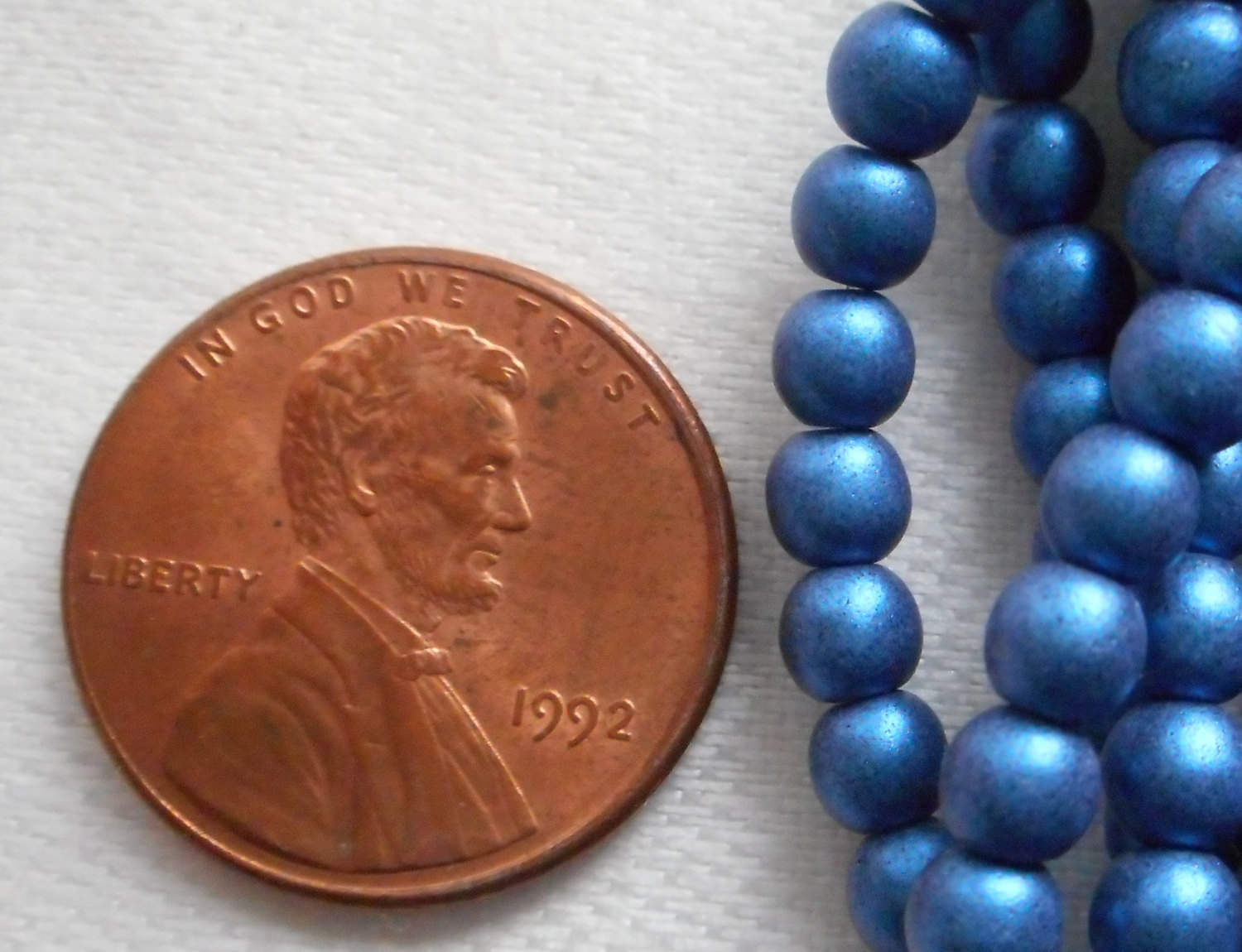 Lot of 100 4mm opaque blue glass Czech druk beads, matte metallic suede, sueded blue smooth round druks, C0077