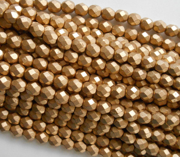 25 6mm Matte Metallic Flax Gold Czech glass beads, golden firepolished, faceted round beads, C7425