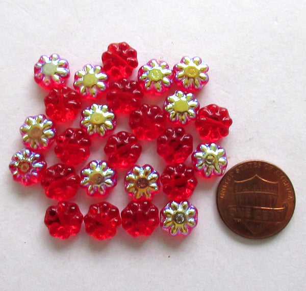 25 9mm Czech glass flower beads - transparent siam red ab daisy disc beads - pressed glass floral beads -C0063