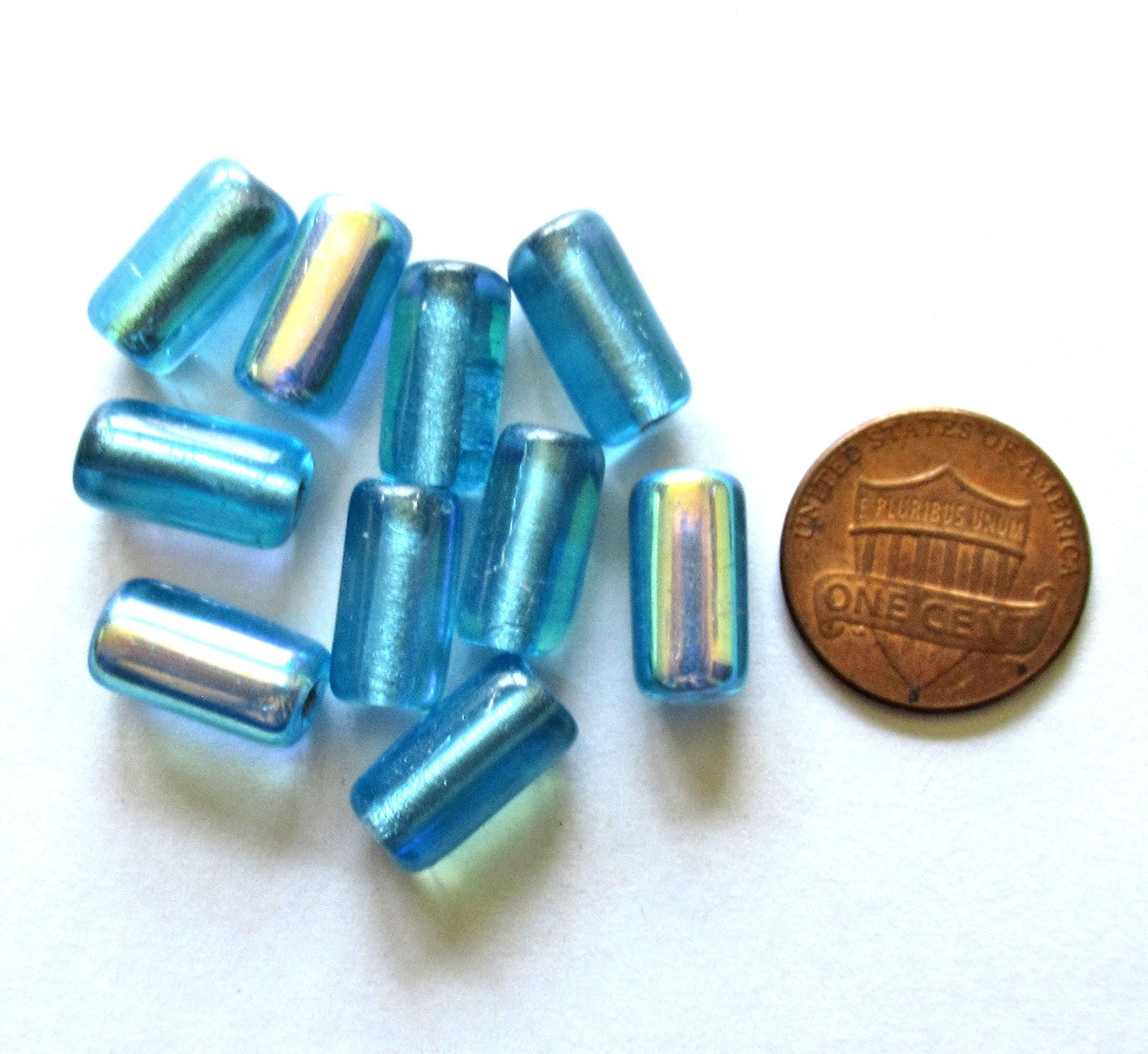 Ten Czech glass tube beads - aqua blue AB w/ big 2mm holes - 7 x 14mm - C00522