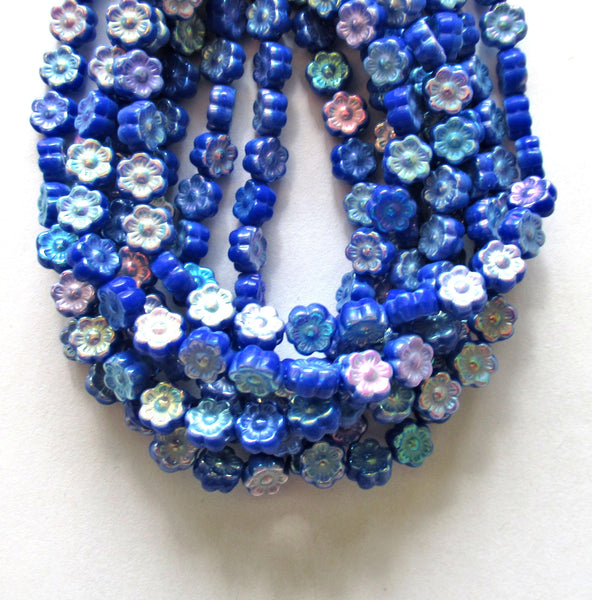 25 6mm small Czech glass flower beads - opaque royal blue with a rainbow ab finish on both sides - pressed glass floral beads - C0068