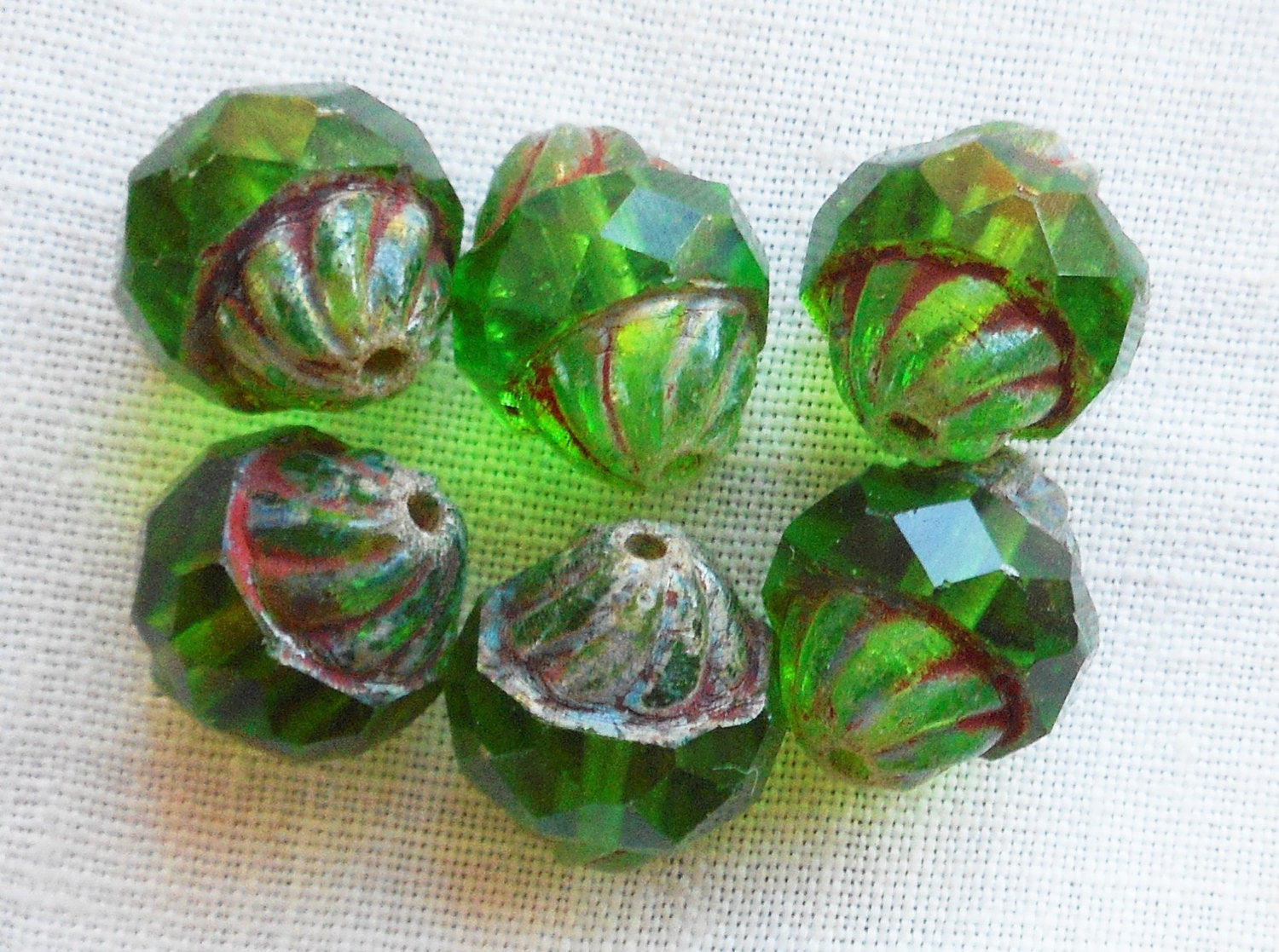 Ten 11 x 10mm Czech glass turbine beads, Pierdot or Light Emerald Green with a Picasso finish, saturn beads C80101
