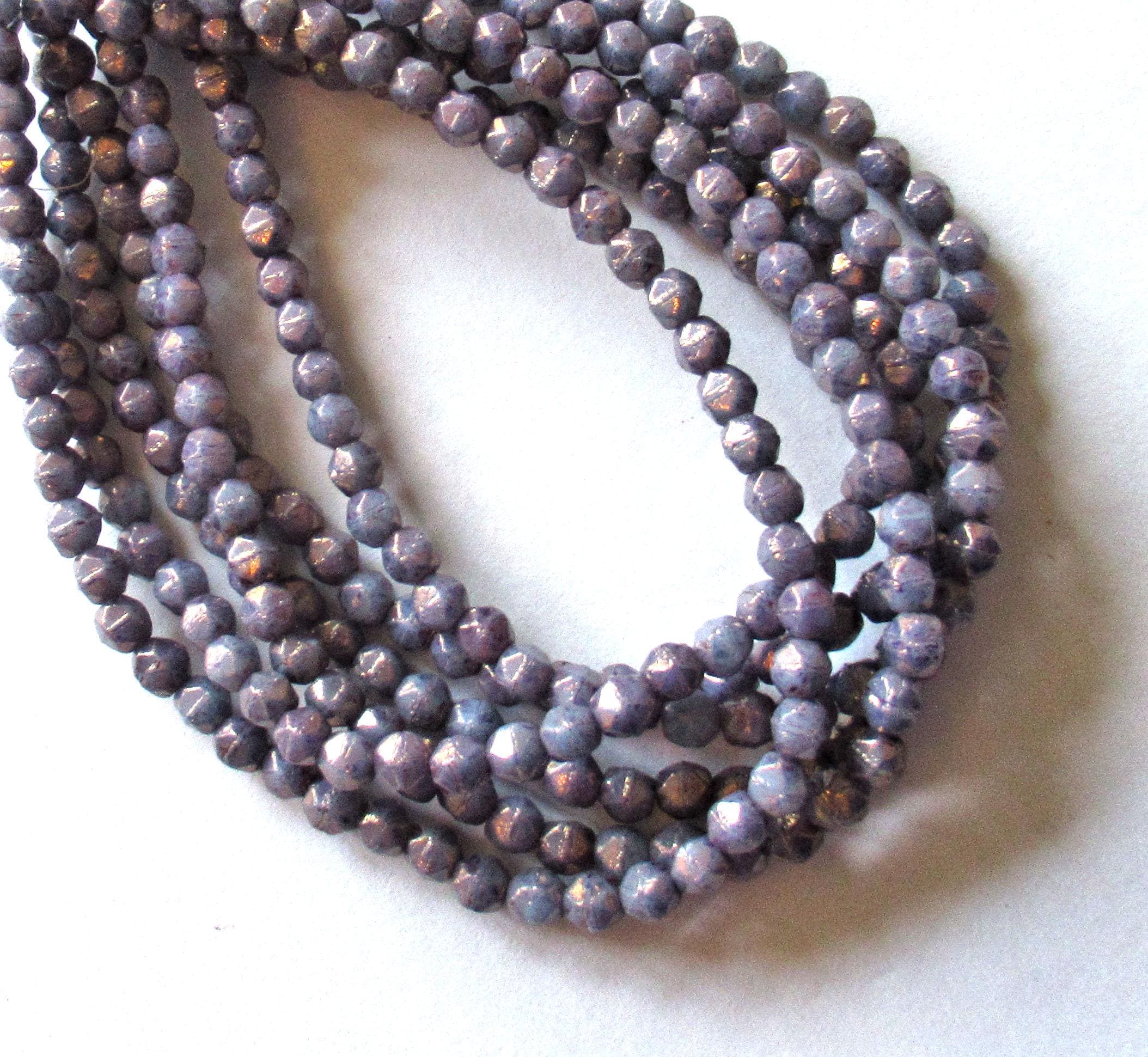 50 4mm Czech glass English cut faceted beads - opaque amethyst or purple with a gold luster finish - C0531