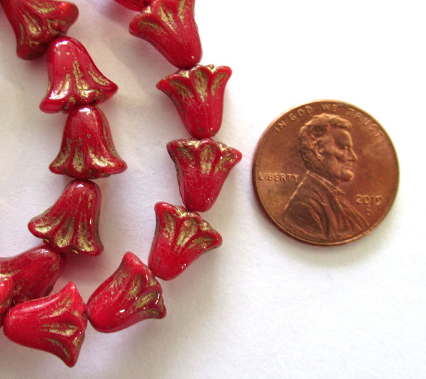 15 Czech glass flower beads - 9 x 10mm translucent red opal with a gold wash - lily flower beads C00161
