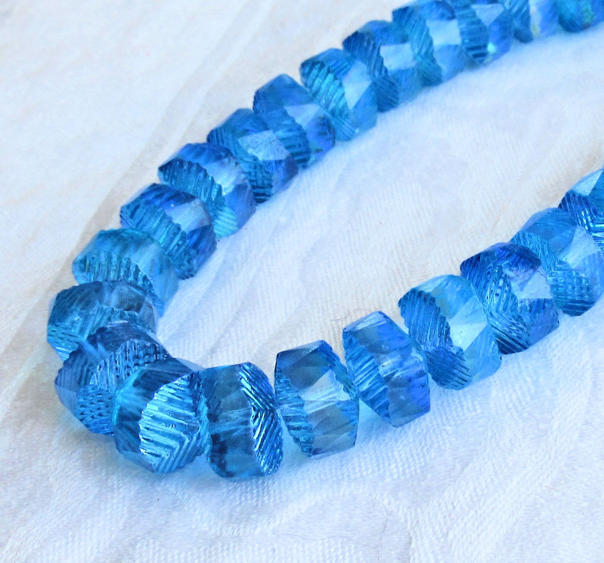 Six Czech glass faceted wavy rondelle beads - large 14 x 6mm aqua blue AB chunky rondelles - C38101