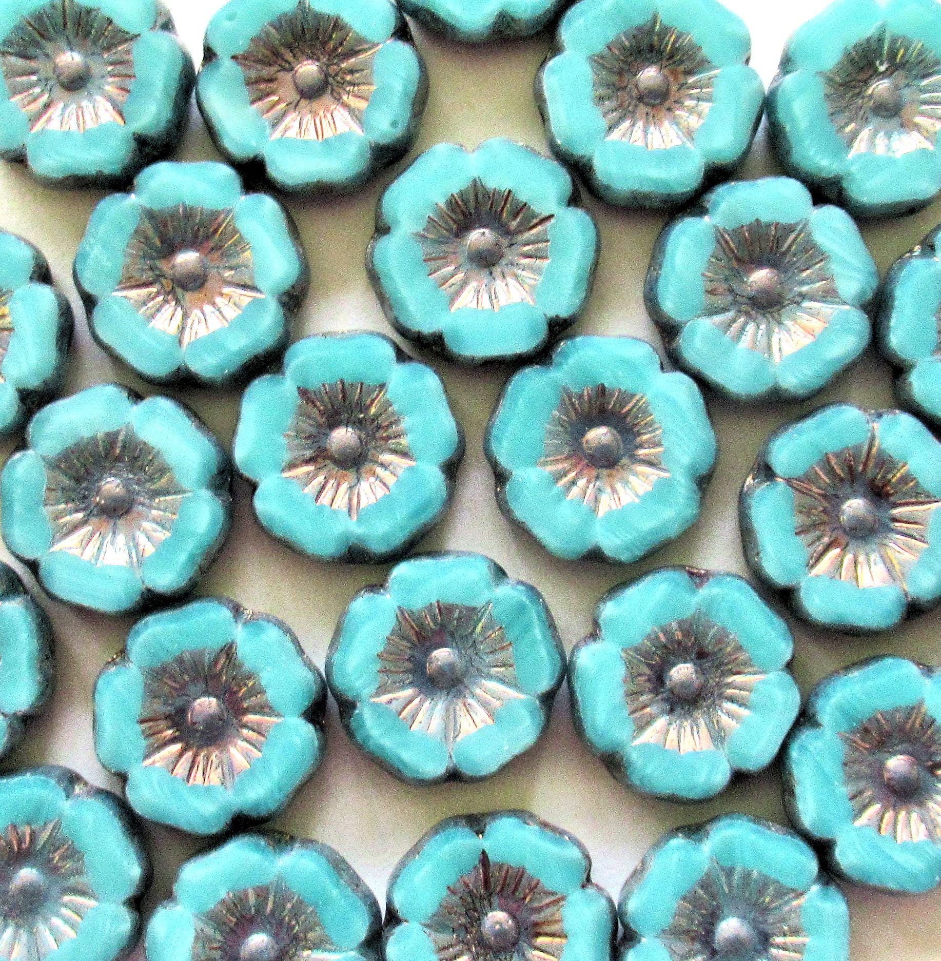 Czech glass flower beads - 12mm - sky blue silk w/ purple bronze accents - Vaseline glass - table cut carved flowers - 8 beads - C00352