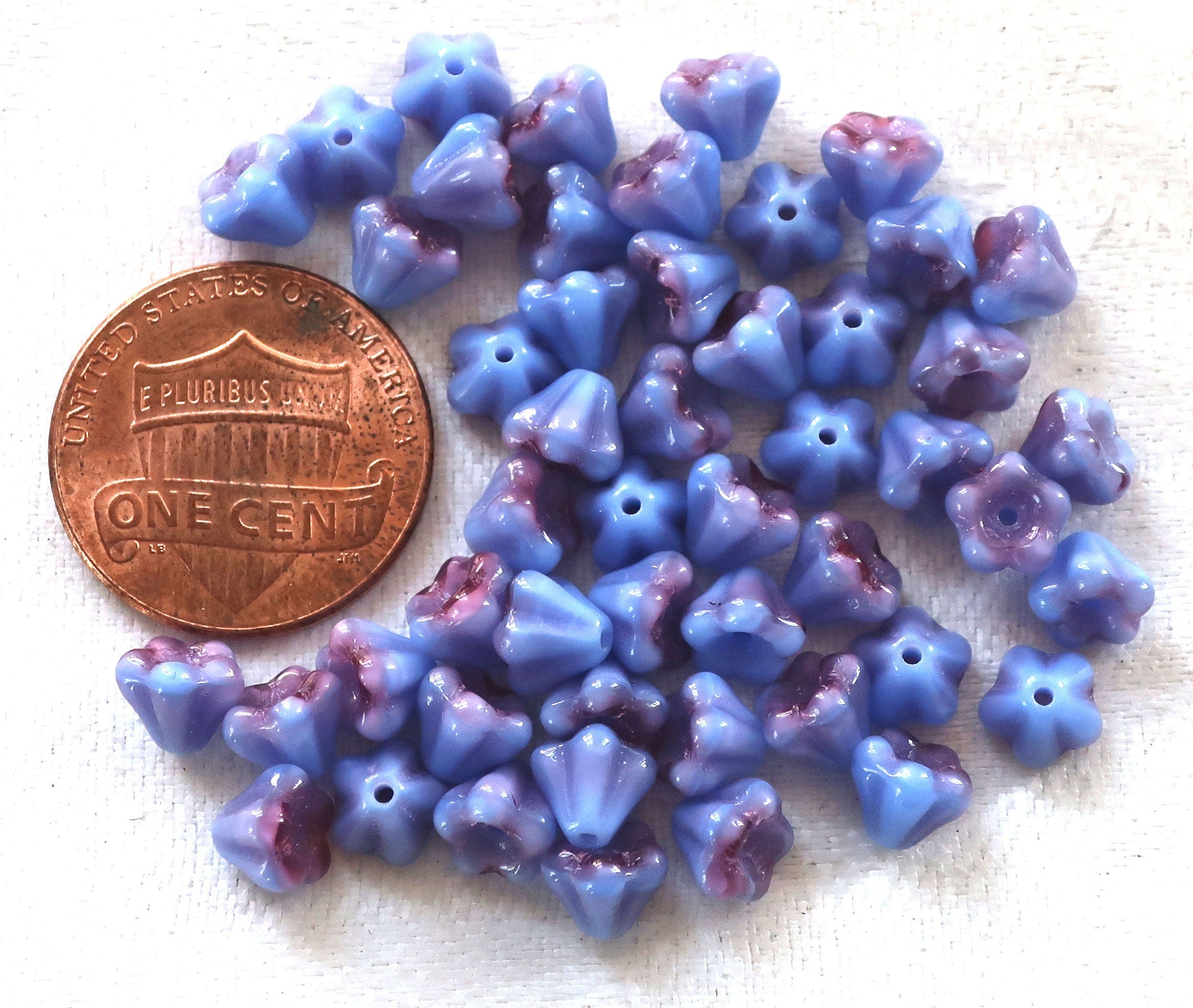 50 6 x 4mm Blue Raspberry Pink baby Bell Flower Czech glass beads, pressed glass beads C0089