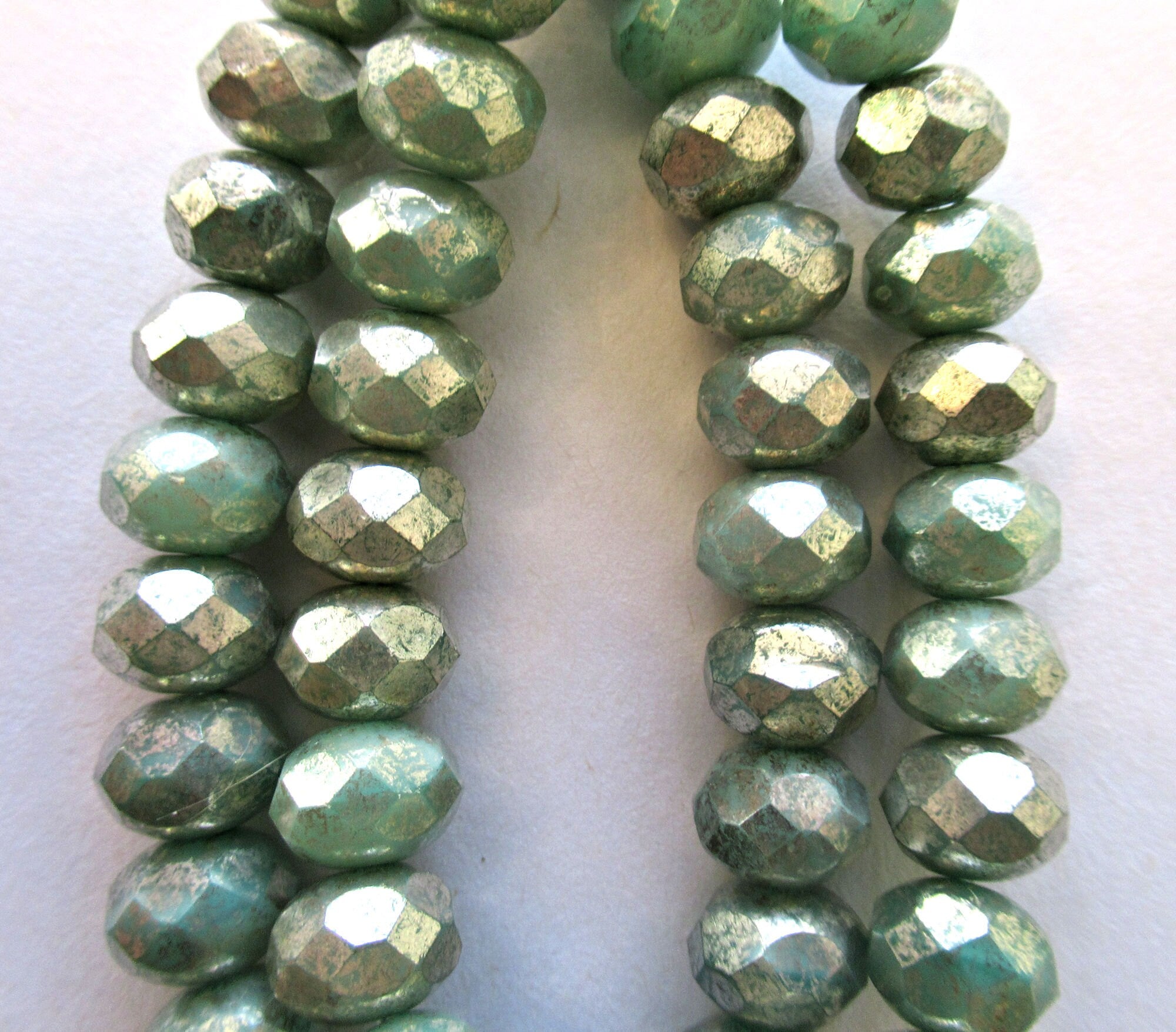 25 Czech glass puffy rondelle beads - blue green with a heavy silver mercury picasso finish - 6 x 8mm faceted Czech glass rondelles 00822