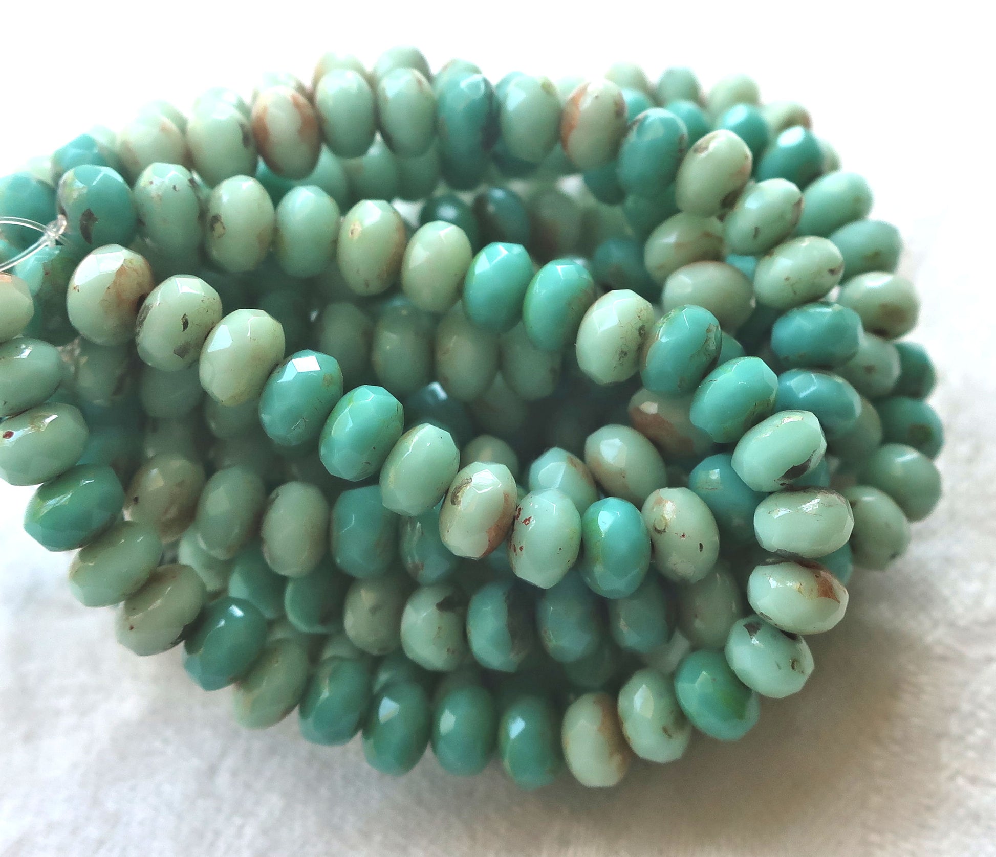 30 small puffy rondelle beads, turquoise blue green mix with a picasso finish, 3mm x 5mm faceted Czech glass rondelles 53101 - Glorious Glass Beads