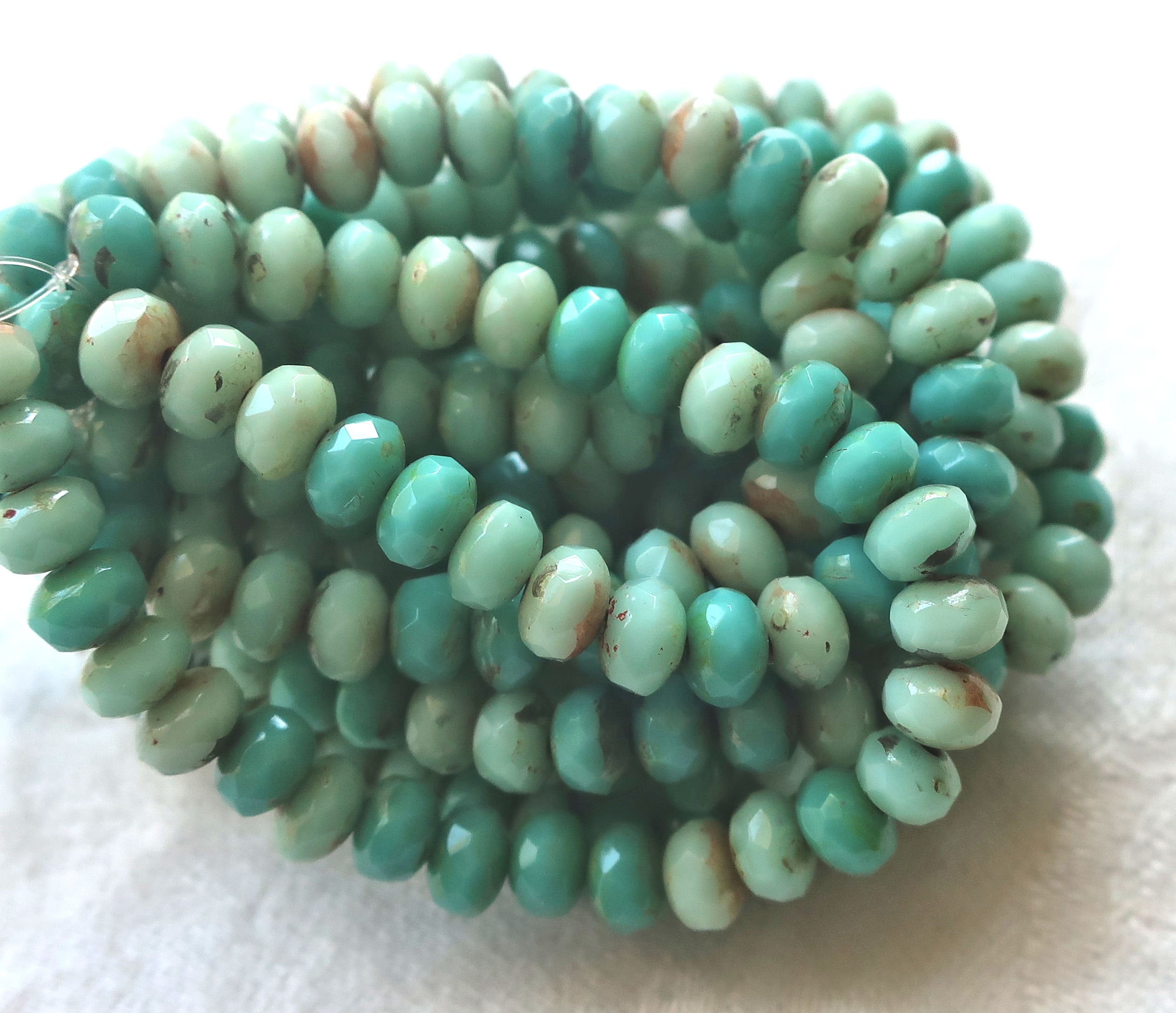 30 small puffy rondelle beads, turquoise blue green mix with a picasso finish, 3mm x 5mm faceted Czech glass rondelles 53101 - Glorious Glass Beads