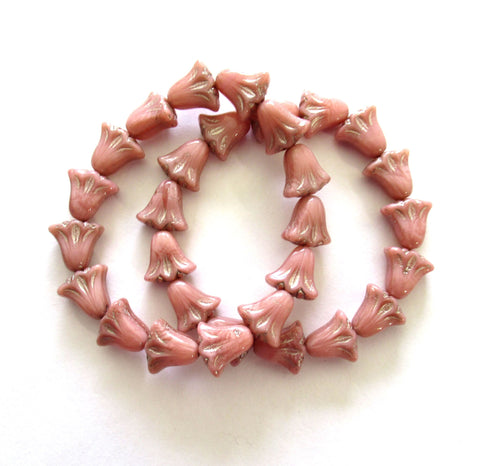 15 Czech glass flower beads - 9 x 10mm opaque pink silk with a silver wash - lily flower beads C00071