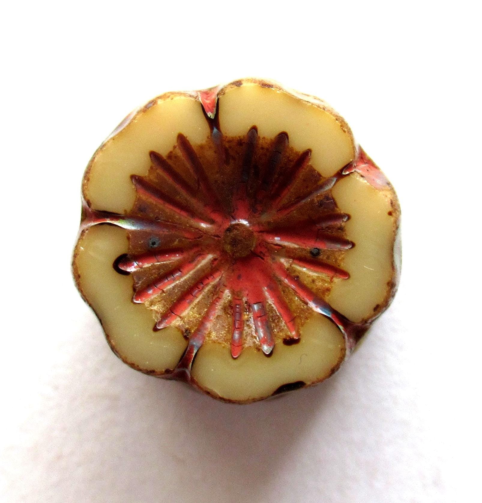 Six 14mm Czech glass flower beads - opaque ivory / beige / off white picasso - Hawaiian hibiscus earthy rustic table cut carved beads C00221