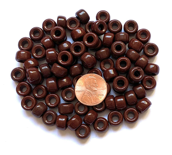 Twenty-five 9mm Czech glass pony, crow, roller beads - opaque brown large hole beads - C0062