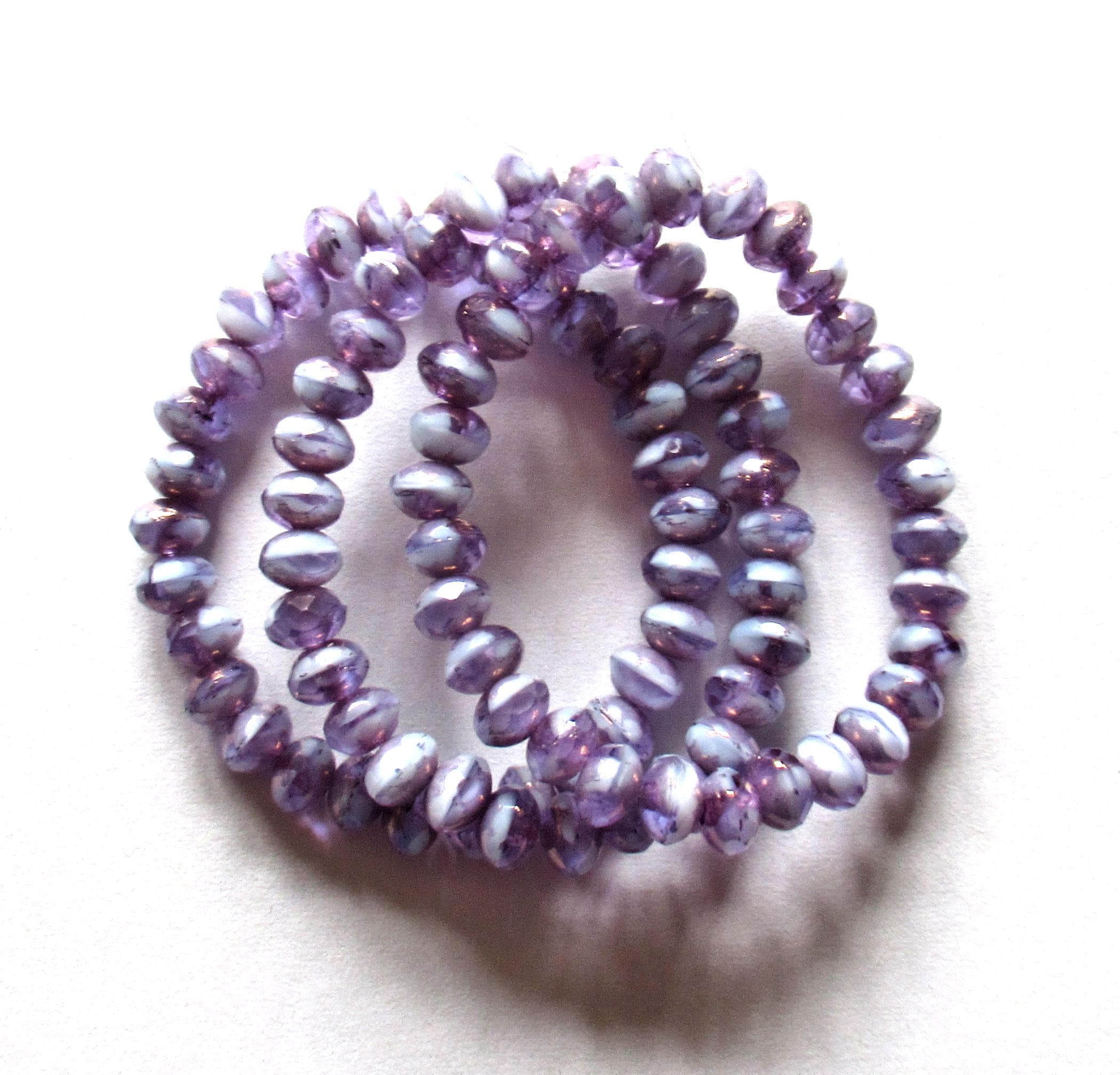 30 small Czech glass puffy rondelle beads - opaque & transparent lavender purple picasso - 3mm x 5mm - faceted rondelles - C00761