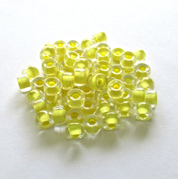 25 9mm Czech glass pony beads - crystal clear yellow lined roller beads - large hole crow beads - C4750