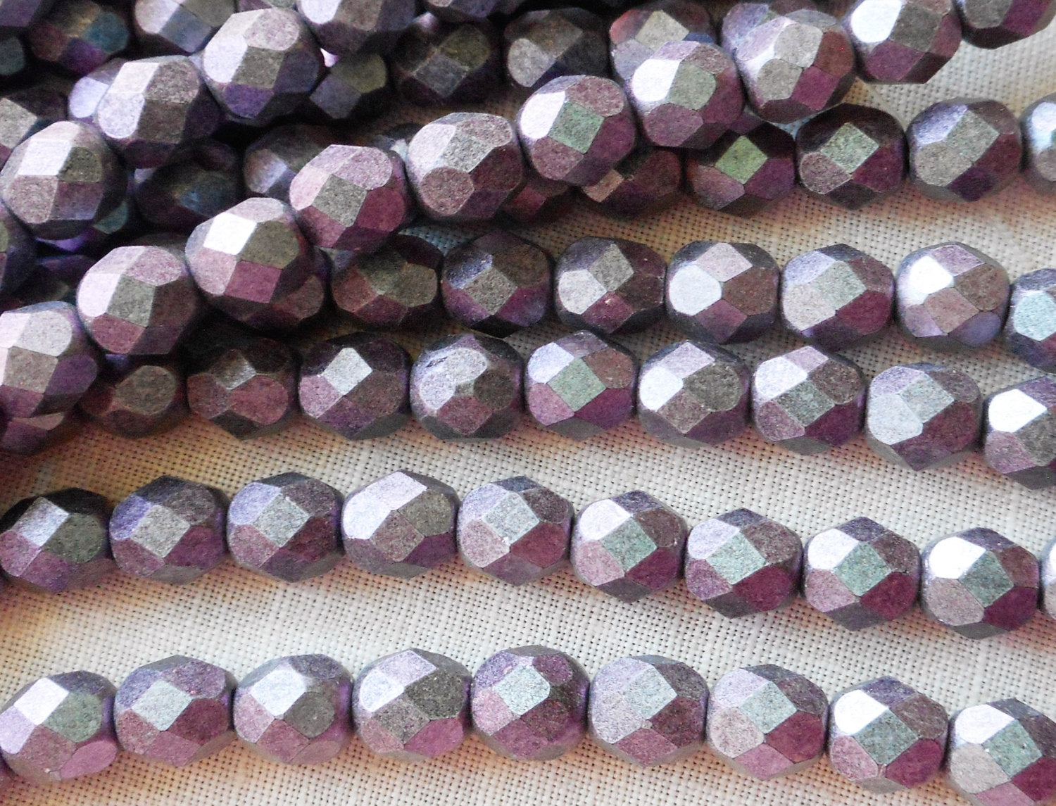 Lot of 25 Polychrome Orchid Aqua 6mm Czech glass beads, Matte Purple, Lavender hints of Blue firepolished, faceted beads C4601