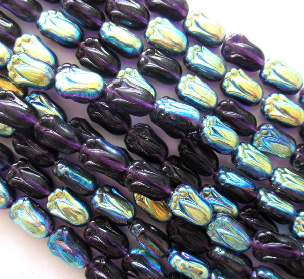 25 Czech glass tulip flower beads - tanzanite purple ab - 12 x 8mm - pressed glass beads - C00096