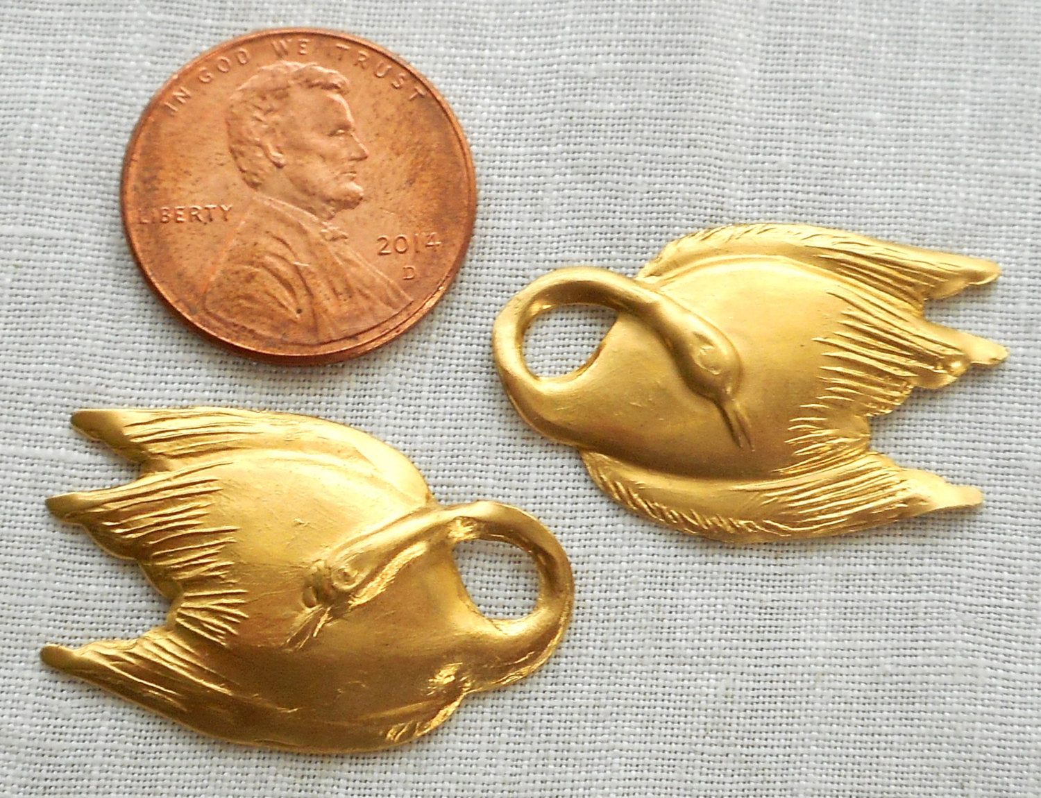 Two raw brass swan, swans, pendants, charms, brass stampings, 1" in by .625" in. made in the USA6301 - Glorious Glass Beads