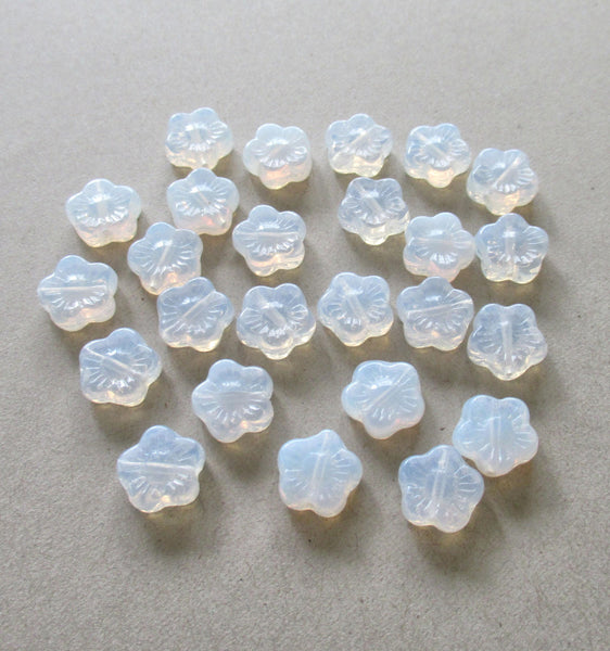 25 10mm Milky White Czech glass flower beads - pressed glass white floral beads - C0066