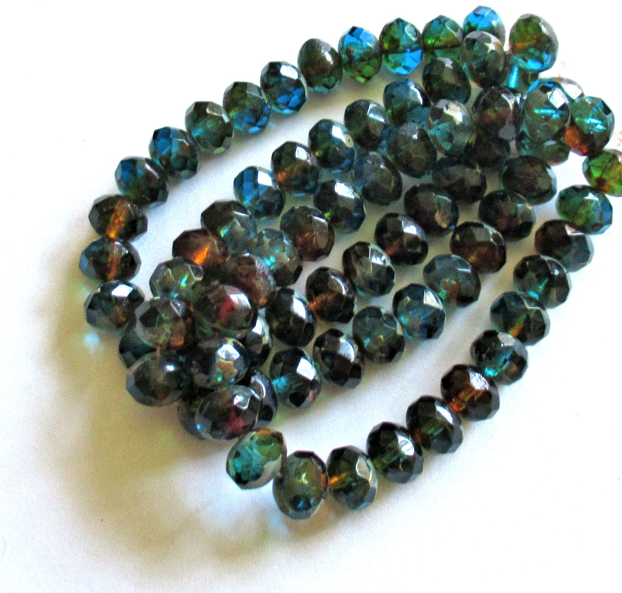 25 Czech glass puffy rondelle beads - 8 x 6mm - transparent teal blue green & topaz brown picasso mix - 57201