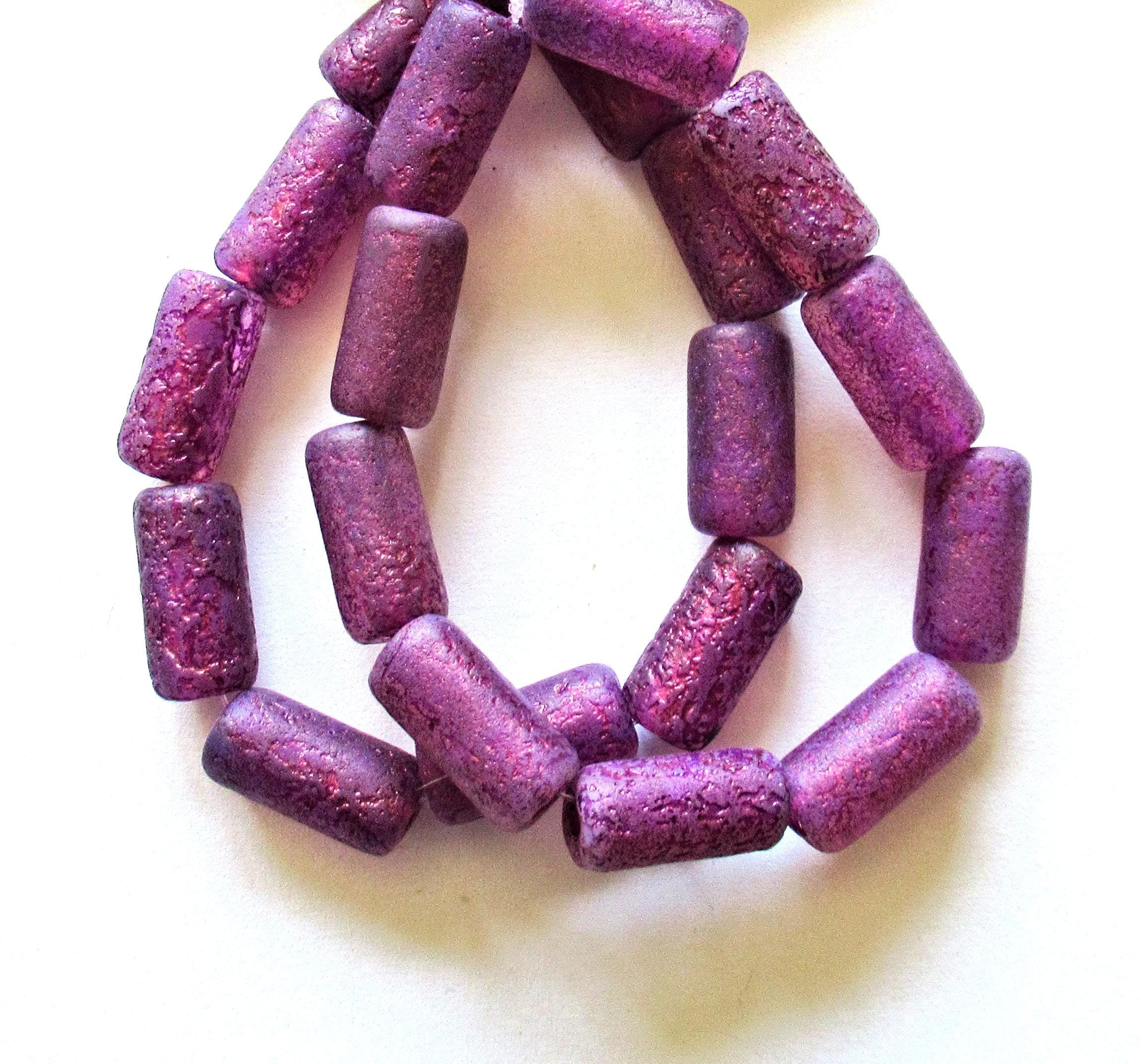 Ten Czech glass tube beads - etched purple w/ big 2mm holes - 7 x 14mm - C00052