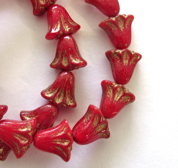 15 Czech glass flower beads - 9 x 10mm translucent red opal with a gold wash - lily flower beads C00161
