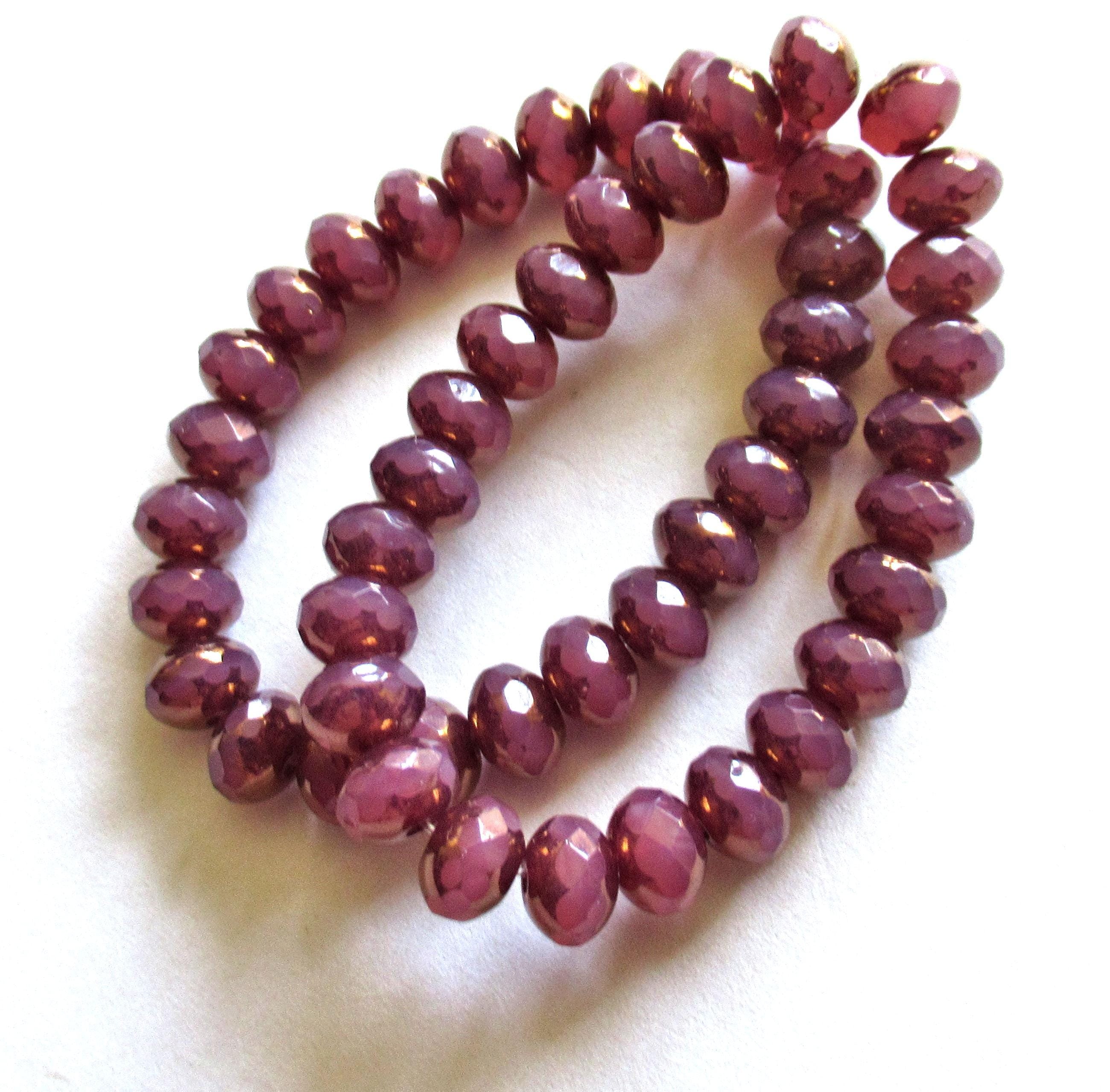 25 Czech glass faceted puffy rondelle beads - 5 x 7mm milky pink opal w/ gold accents - C00892