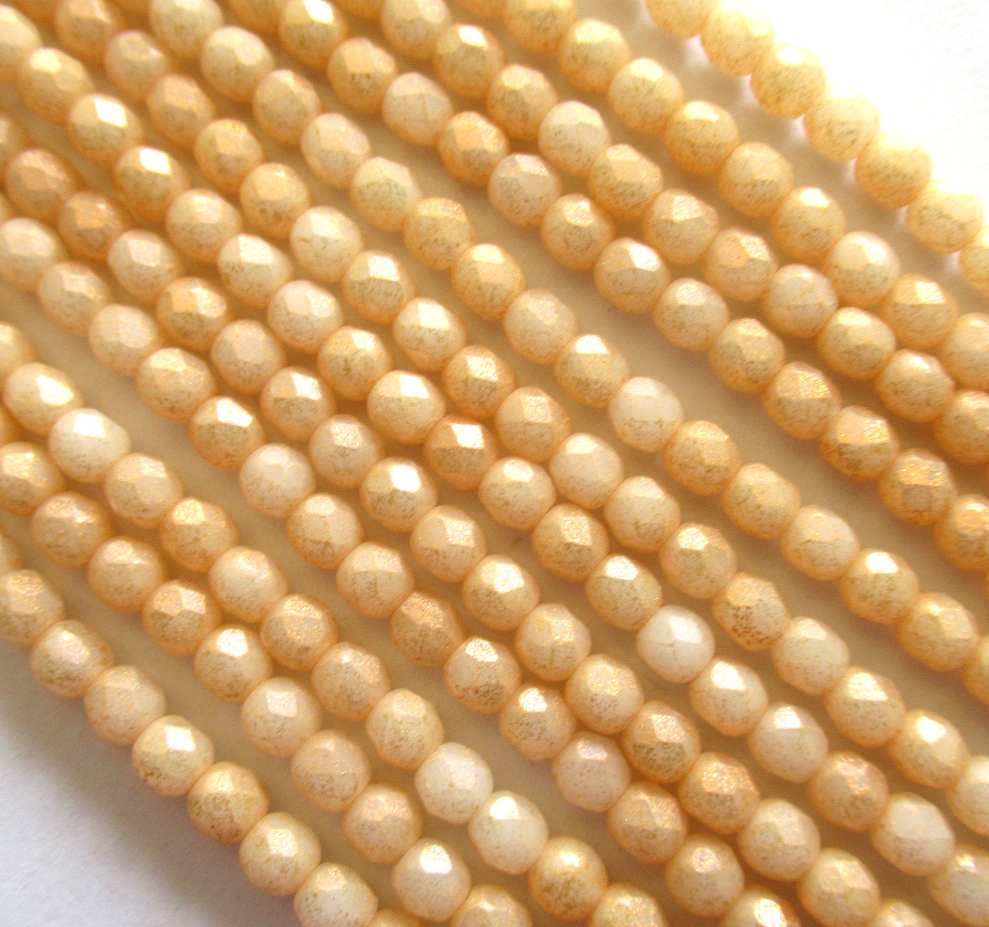 50 4mm Czech glass beads - Milky Antique Shimmer - off white beads w/ gold finish - round faceted fire polished beads - 0014