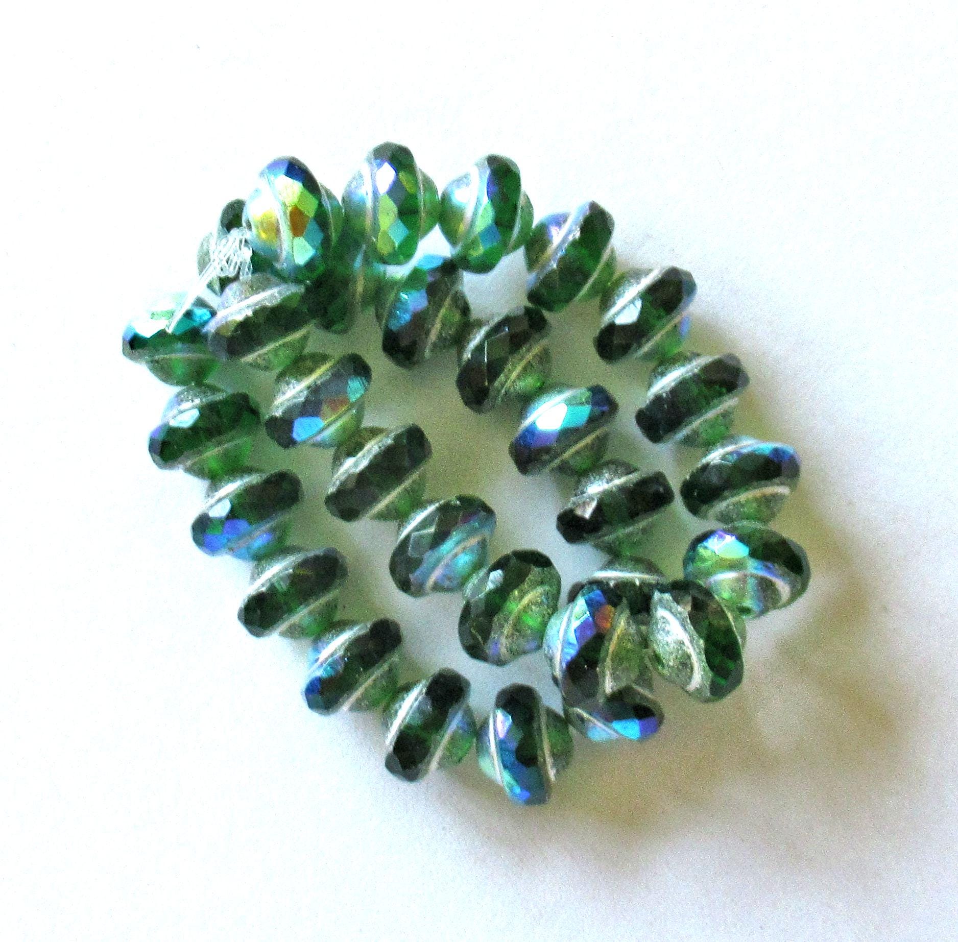 15 mini Czech glass saturn / saucer beads - 6 x 8mm - emerald green ab with antique silver picasso accents - C00842
