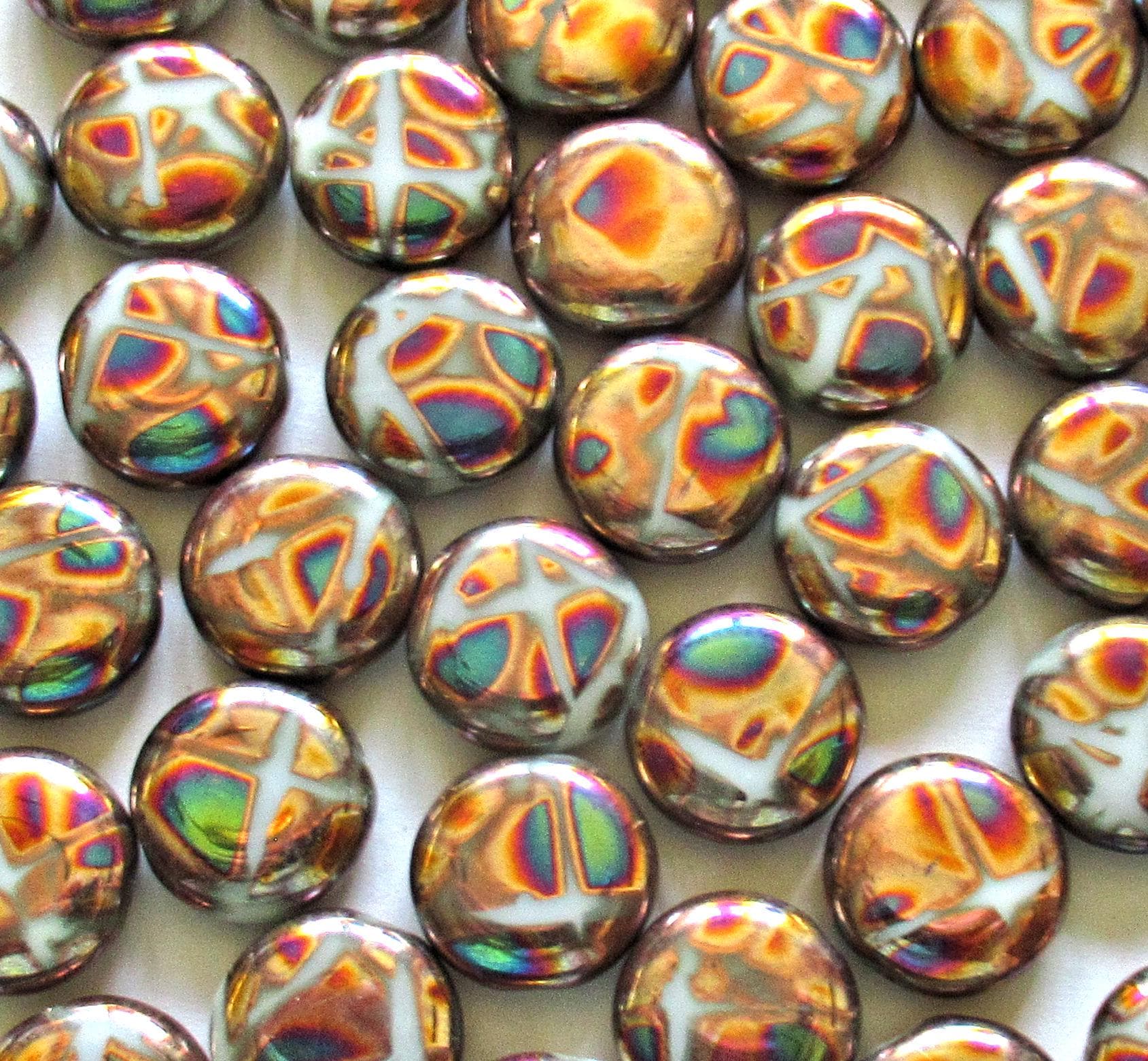 Six Czech glass peacock coin beads - 15mm - copper blue & pink - C00651
